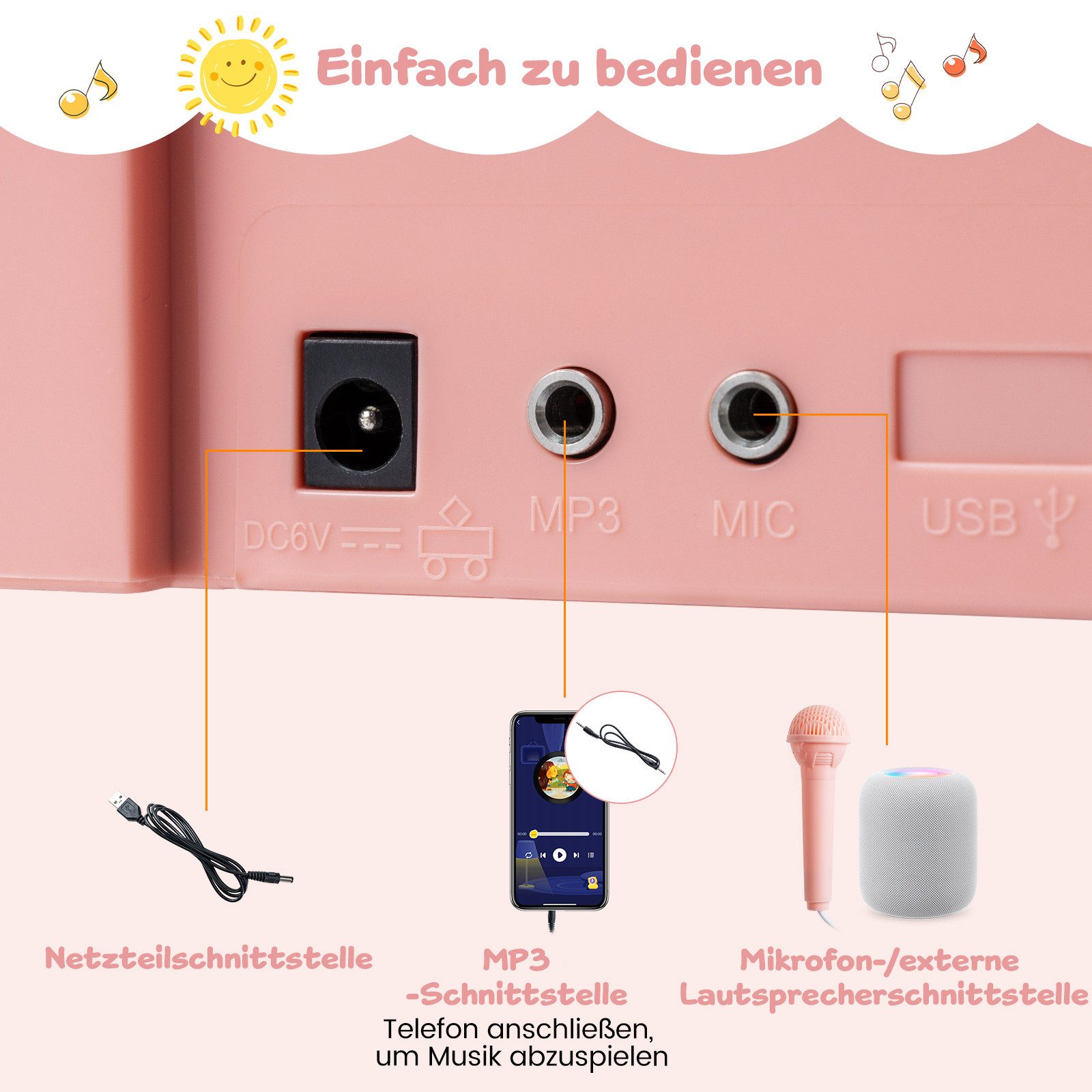 COSTWAY Spielzeug-Musikinstrument, Elektrisches Klavier mit Notenständer & Mikrofon, 25 Tasten