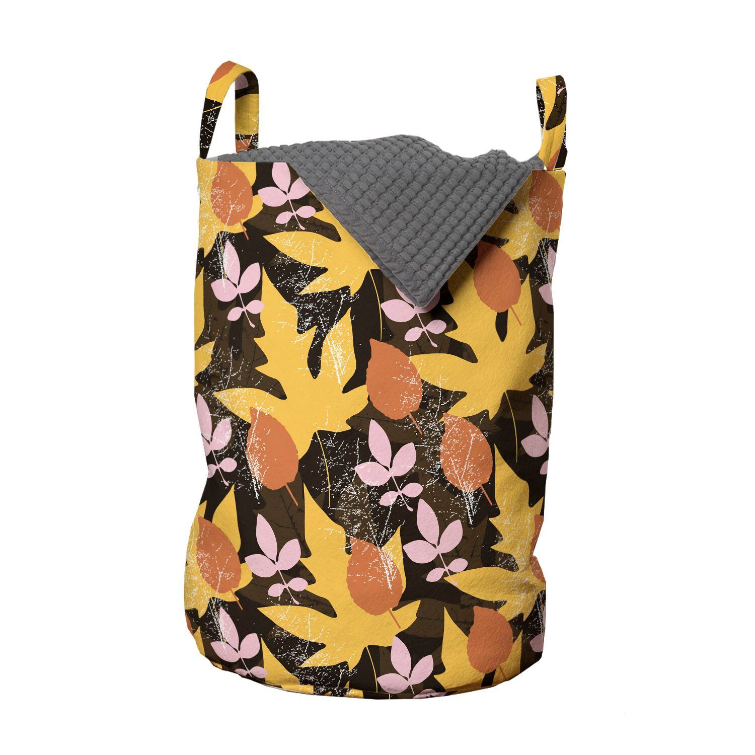Abakuhaus Wäschesäckchen Wäschekorb mit Griffen Kordelzugverschluss für Waschsalons, Blumen Herbst-Blätter auf Grunge Zurück
