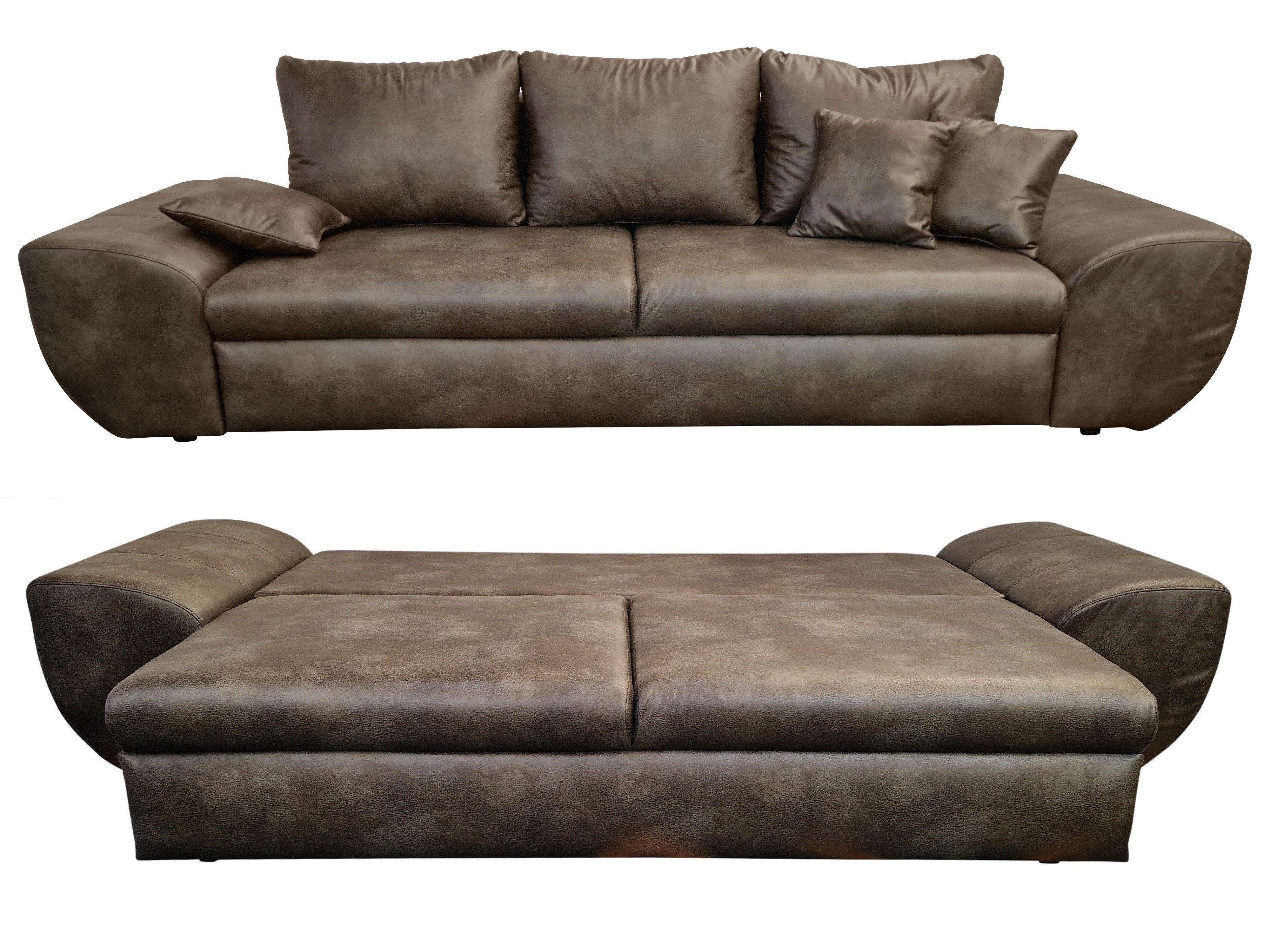 luma-home Big-Sofa 18008, mit Bettfunktion und Stauraum 275 cm breit, Wellenunterfederung, Mikrofaser, Leder-Optik, Vintage Braun