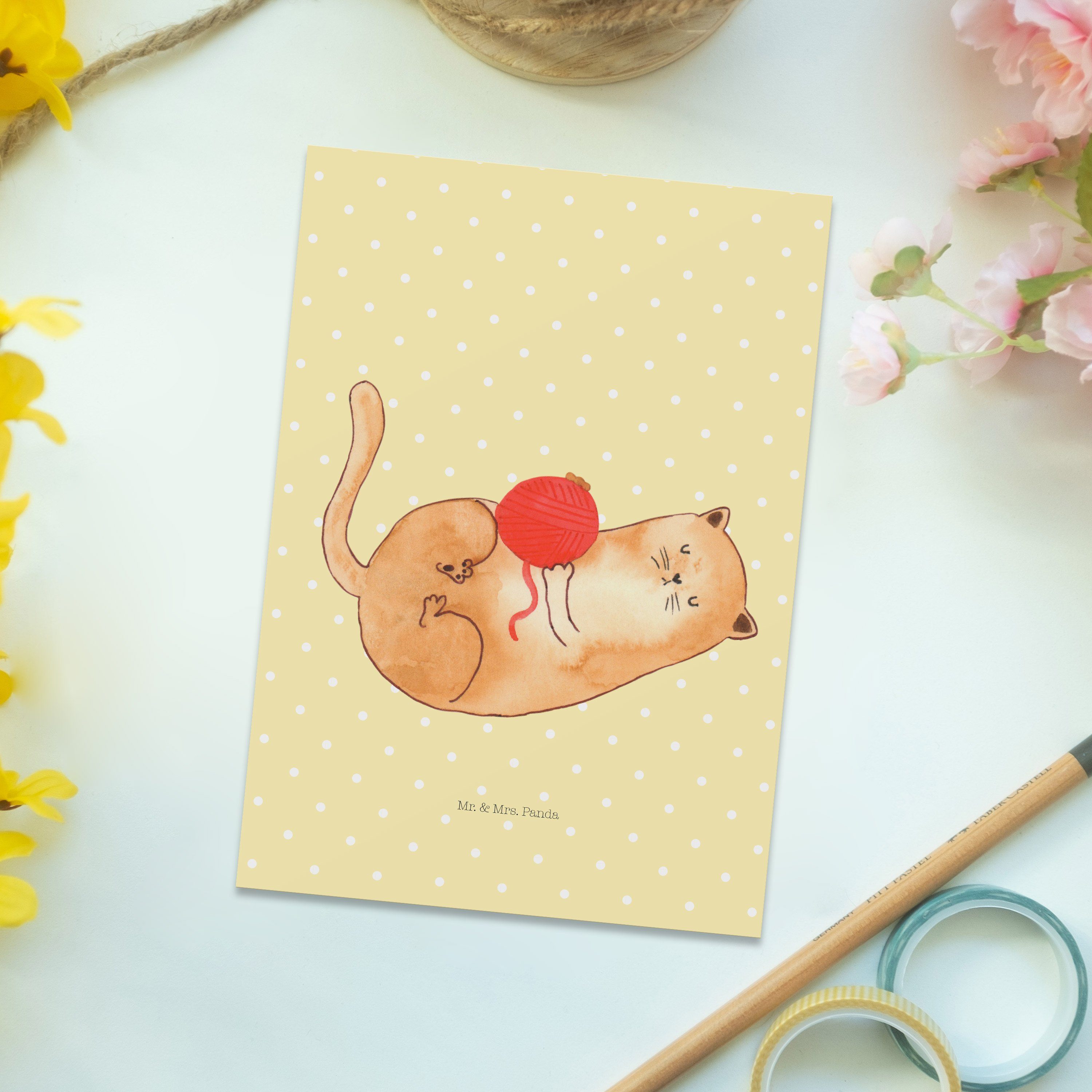 - Geschenkkarte, Pastell - Gelb Geschenk, Ansichtska Katzen Panda & Mrs. Mr. Wollknäul Postkarte
