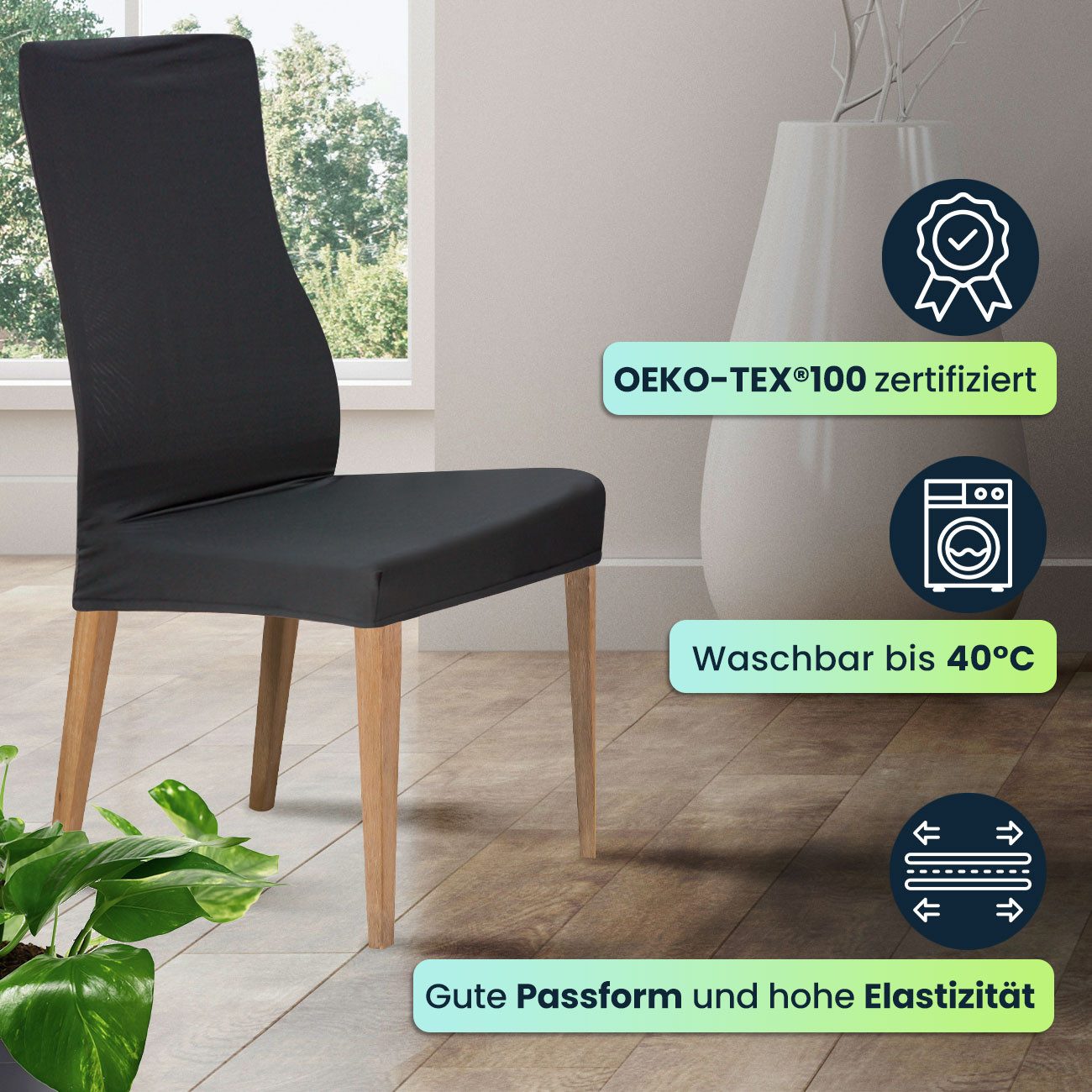 Casativo Stuhlhusse Edler Stuhlbezug, schwarz, Stretch mit Lehnenbezug, waschbar bis 40°C, Gewicht Bezug 160 g