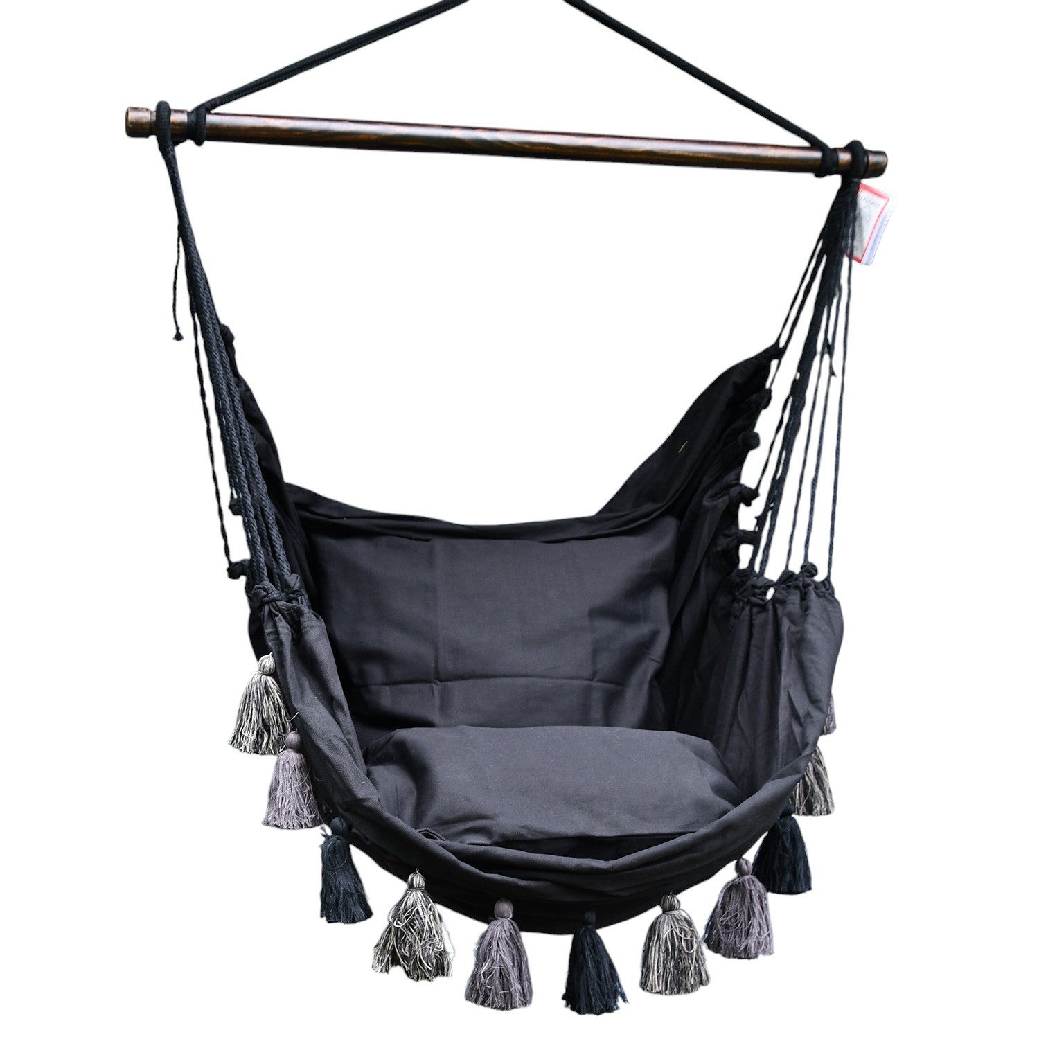Hängestuhl Hängesessel schwarz mit Quasten XXL mit 2 Kissen 100 % Baumwolle
