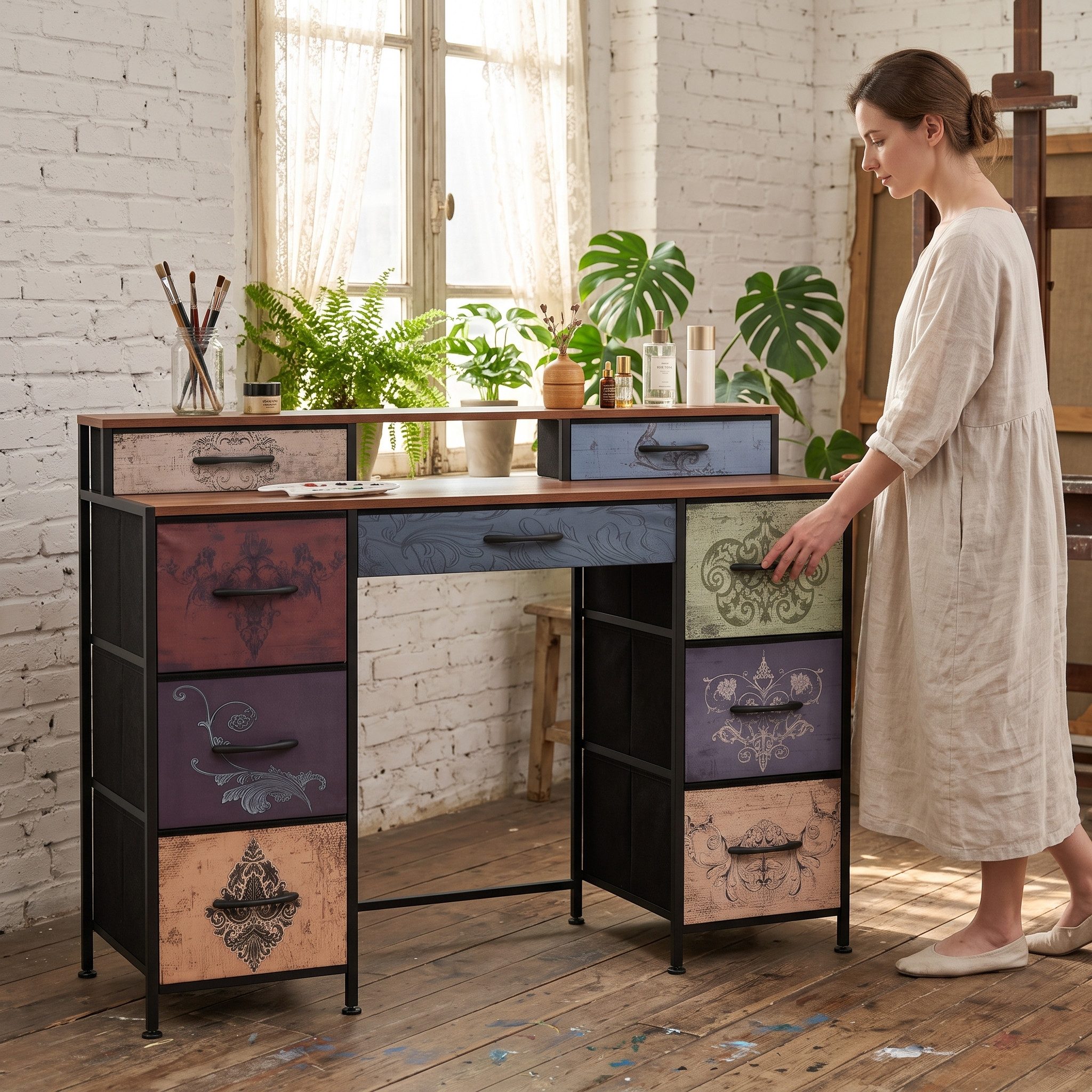 Furnishings Home Schminktisch Frisiertisch Schminkkommode Vintage mit 9 schubladen (1x Schminktisch), 121 x 40 x 91 cm, Nicht -Slip -Tischbein, mit Kippschutzvo – Bild 3 von 5
