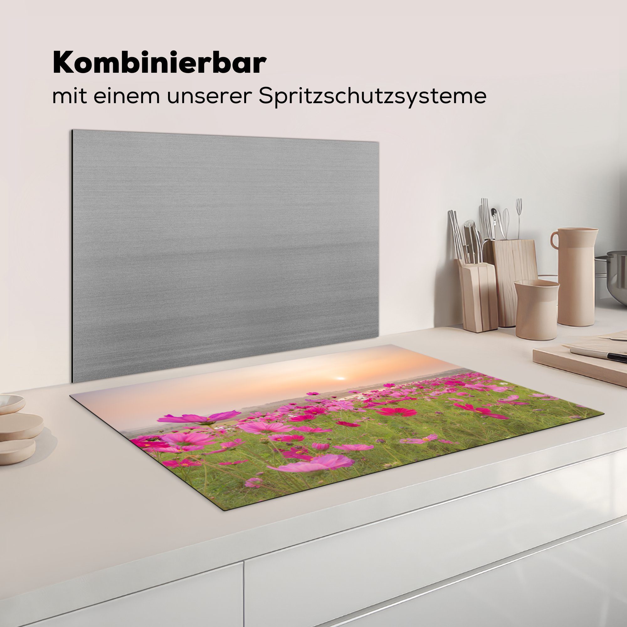 für - Induktionskochfeld cm, Herdblende-/Abdeckplatte Schutz Ceranfeldabdeckung (1 Vinyl, Mohnblumen, - tlg), küche, die Blumenwiese 81x52 MuchoWow Rosa