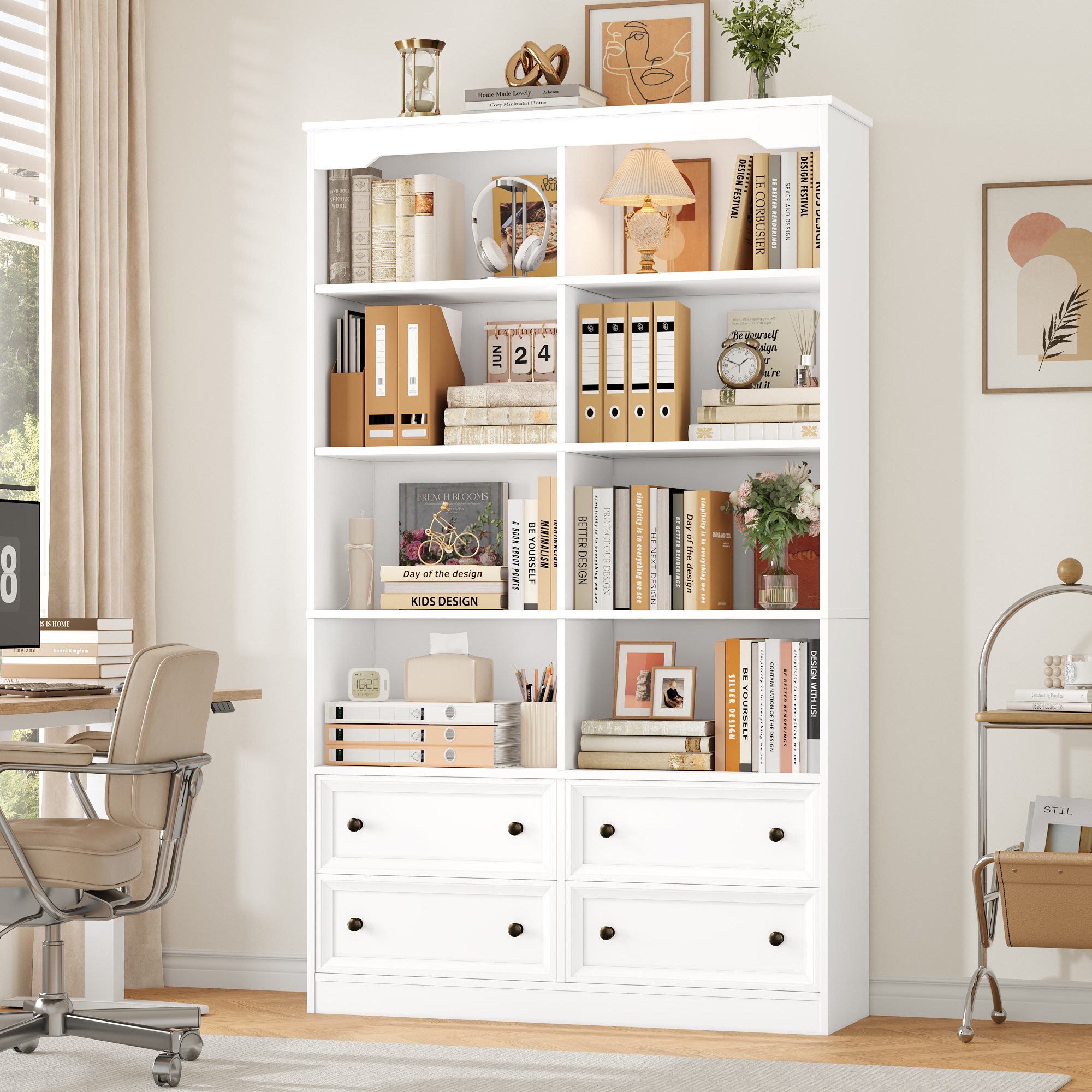 Homfa Bücherregal 180 cm Bücherschrank Hochschrank Mehrzweckschrank Standregal, mit 4 Schubladen und 8 Fächer groß holz 180x30x100cm, weiß