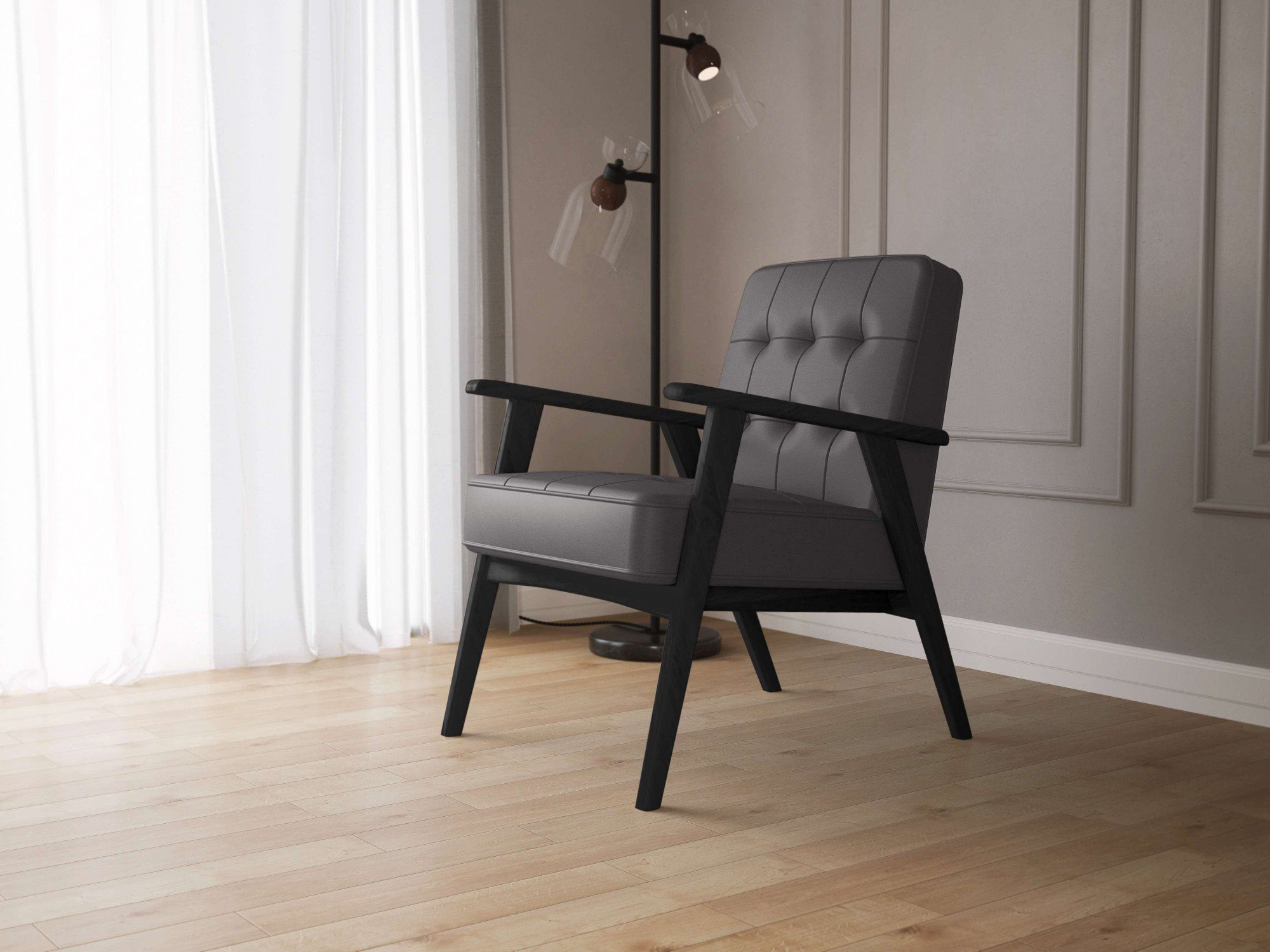 andas Sessel in Massivholz, Lederoptik, Sitzkomfort Alvared, aus mit Black Jet Design Wellenunterfederung für edles hohen