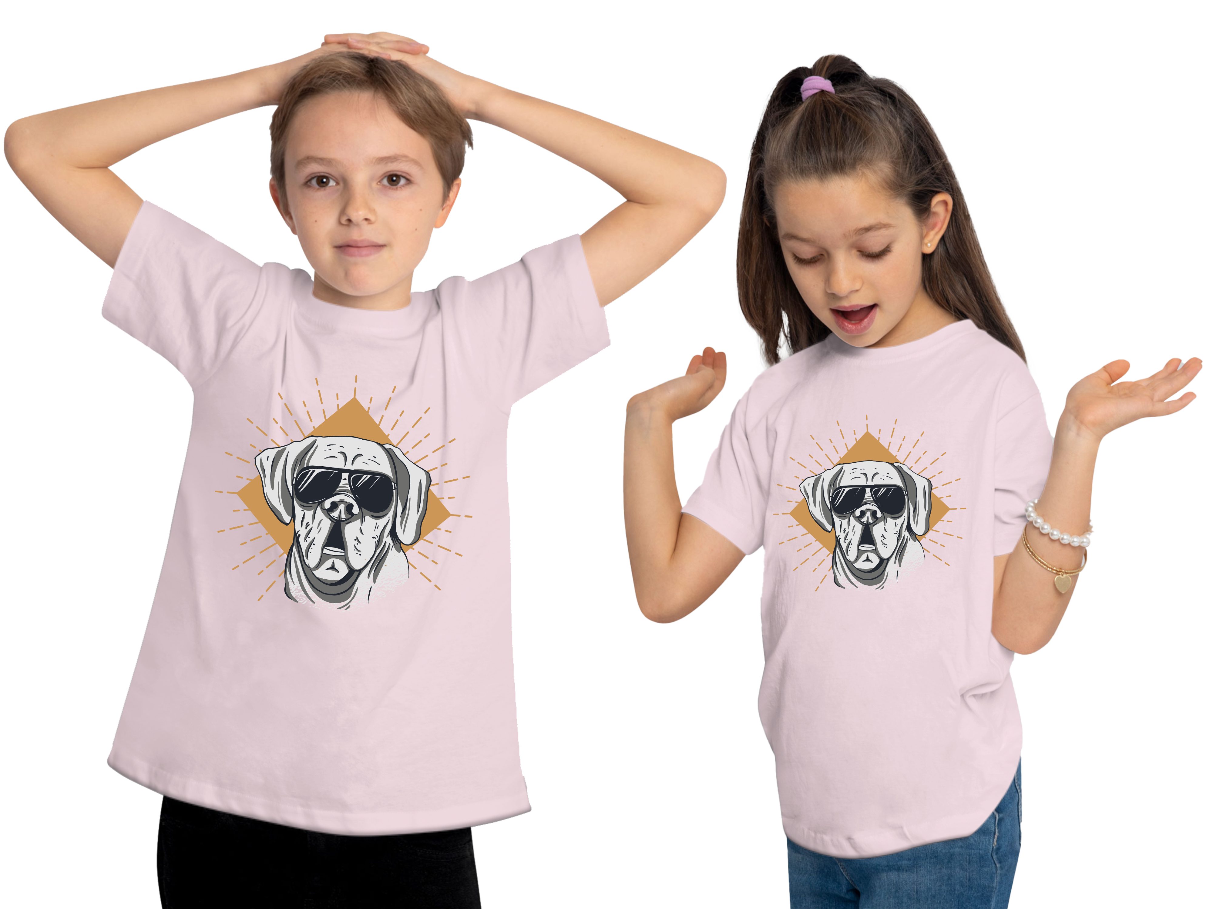 Cooler Baumwollshirt bedrucktes MyDesign24 Print-Shirt Aufdruck, mit - rosa Hunde Sonnenbrille Hund T-Shirt mit Kinder i224