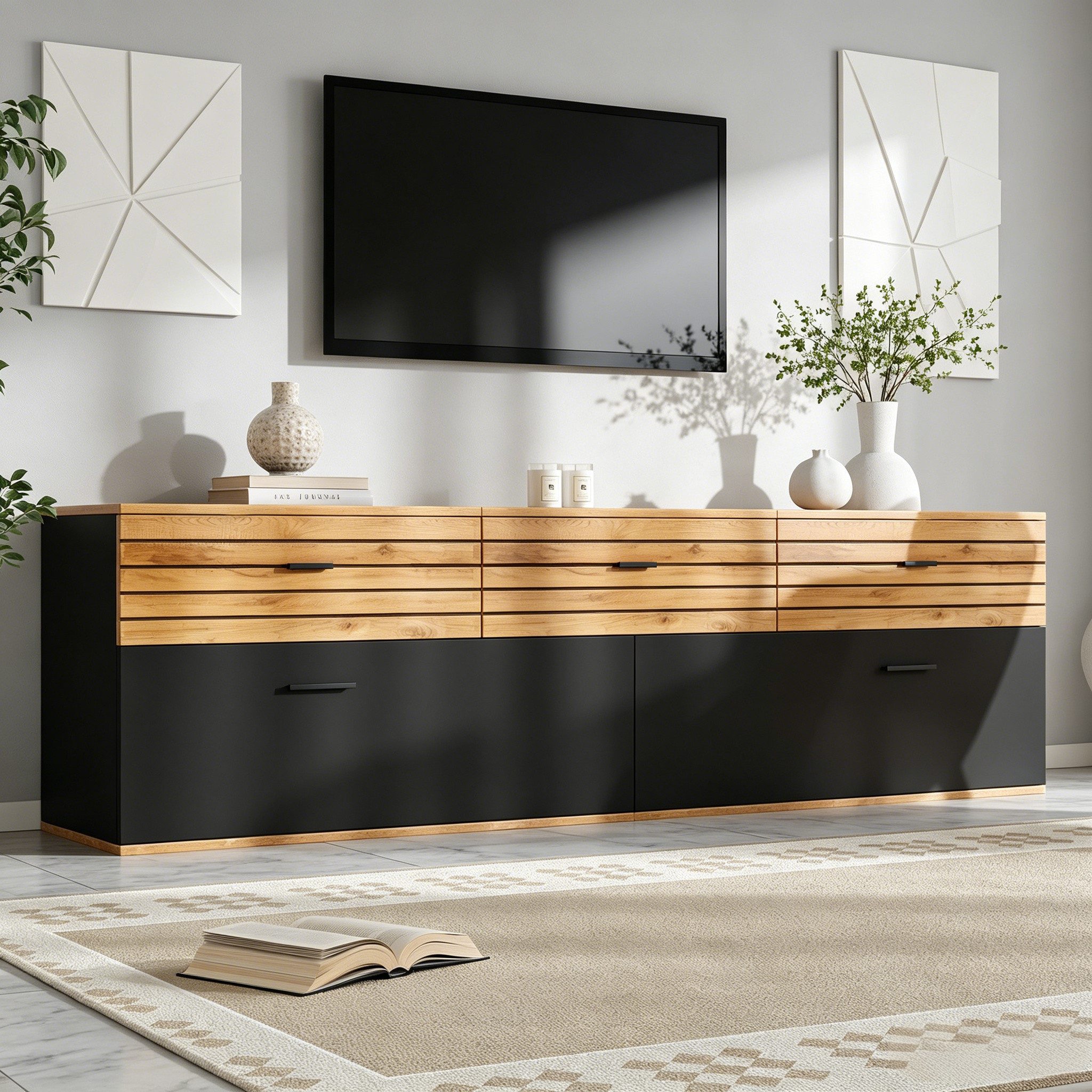 HAUSS SPOLE TV-Schrank mit drei Schubladen,Fernsehtisch TV-Regal für Fernseher bis zu 65 Zoll (Fernsehschrank TV-Ständer mit Wellenmuster für Wohnzimmer oder Schlafzimmer) Medienschrank mit drei Schubladen in Holzoptik und Dämpfungsstruktur