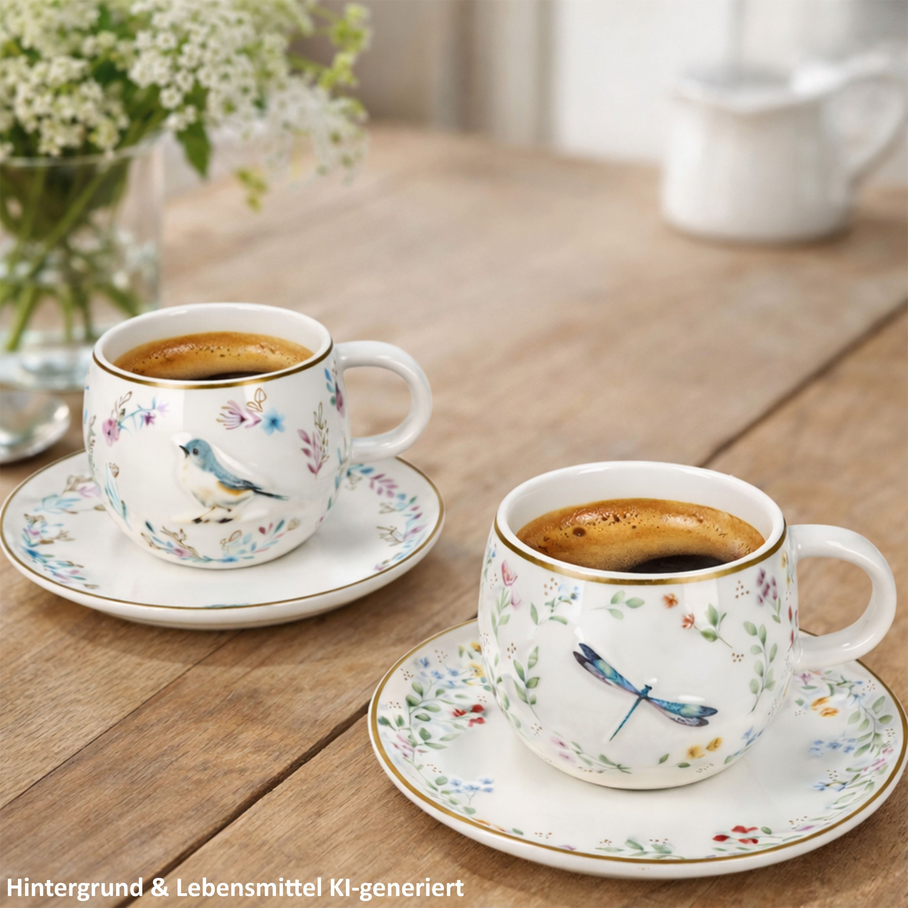 MamboCat Tasse MamboCat Fancy Garden Vogel & Libelle 2er Espressotassen Untertassen, Porzellan