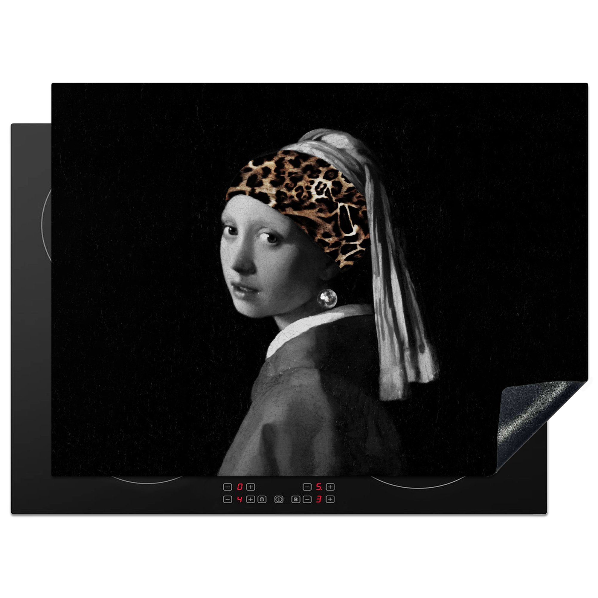 MuchoWow Herdblende-/Abdeckplatte Kunst - Girl with a Pearl Earring - Panther, Vinyl, (1 tlg), 71x52 cm, Induktionskochfeld Schutz für die küche, Ceranfeldabdeckung
