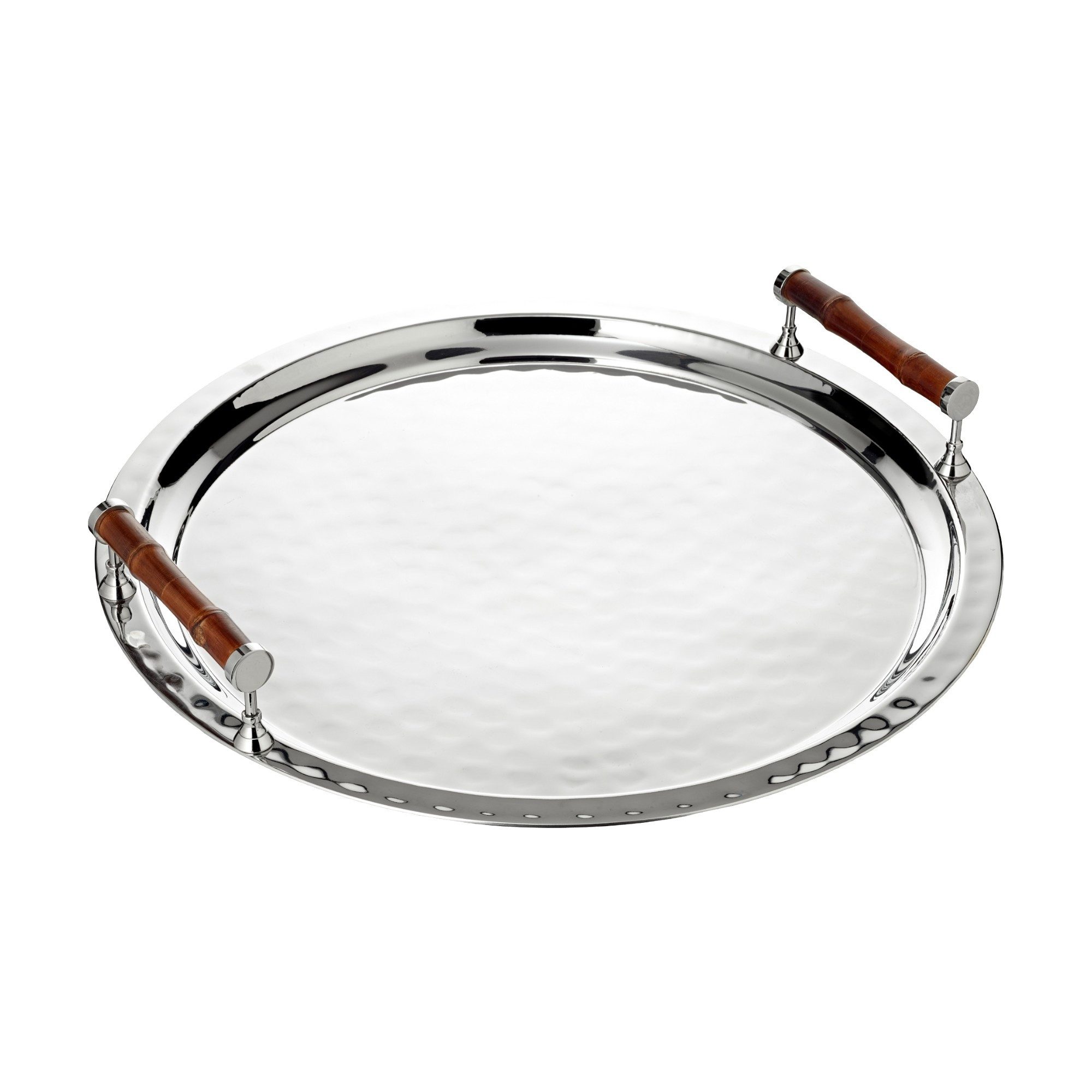 EDZARD Tablett Hugo, Messing, Serviertablett, Hämmer-Optik, mit Bambusgriffen, vernickelt, Ø54,5cm