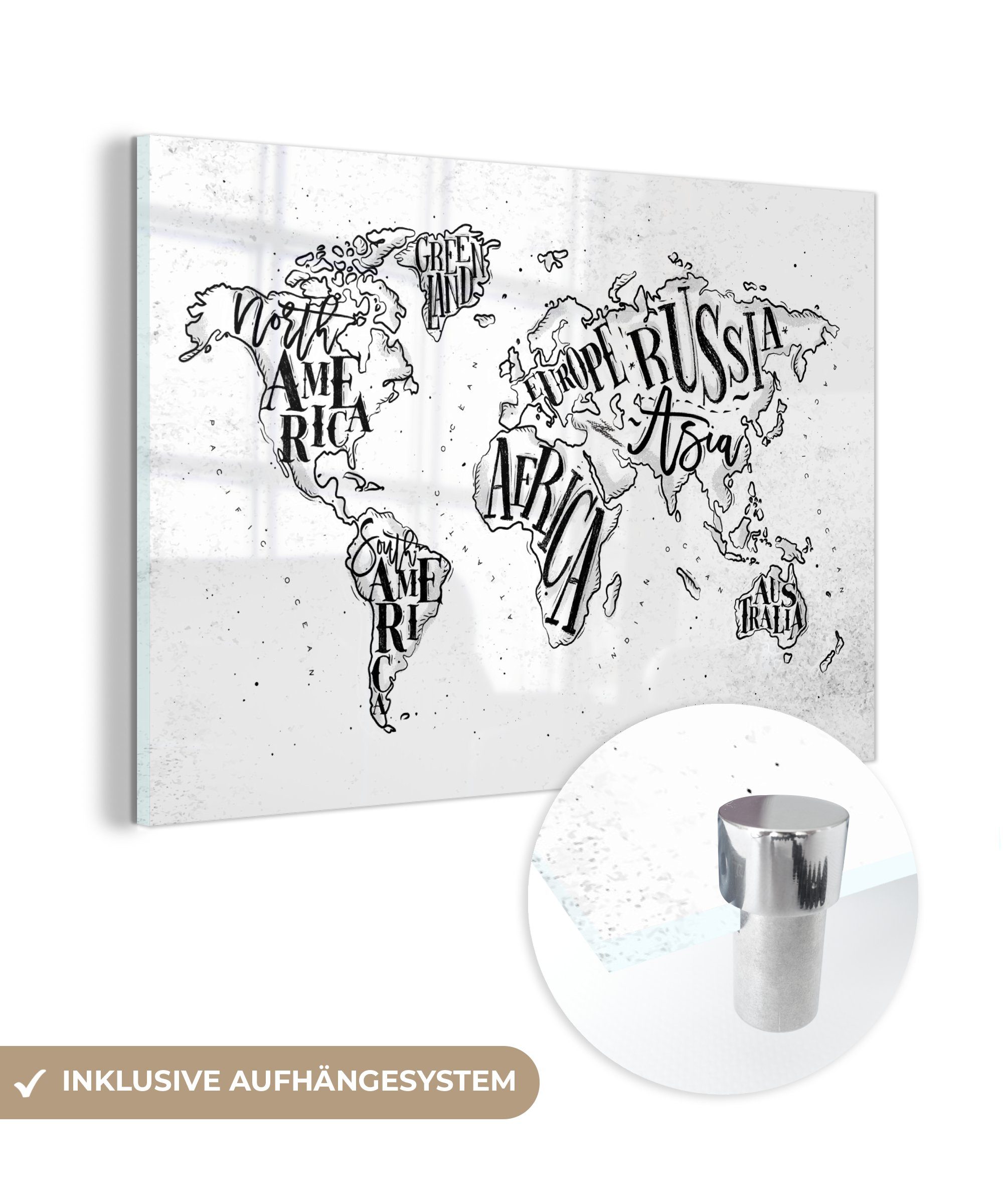 MuchoWow Acrylglasbild Weltkarte - Weiß - Schwarz, (1 St), Glasbilder - Bilder auf Glas Wandbild - Foto auf Glas - Wanddekoration | Bilder