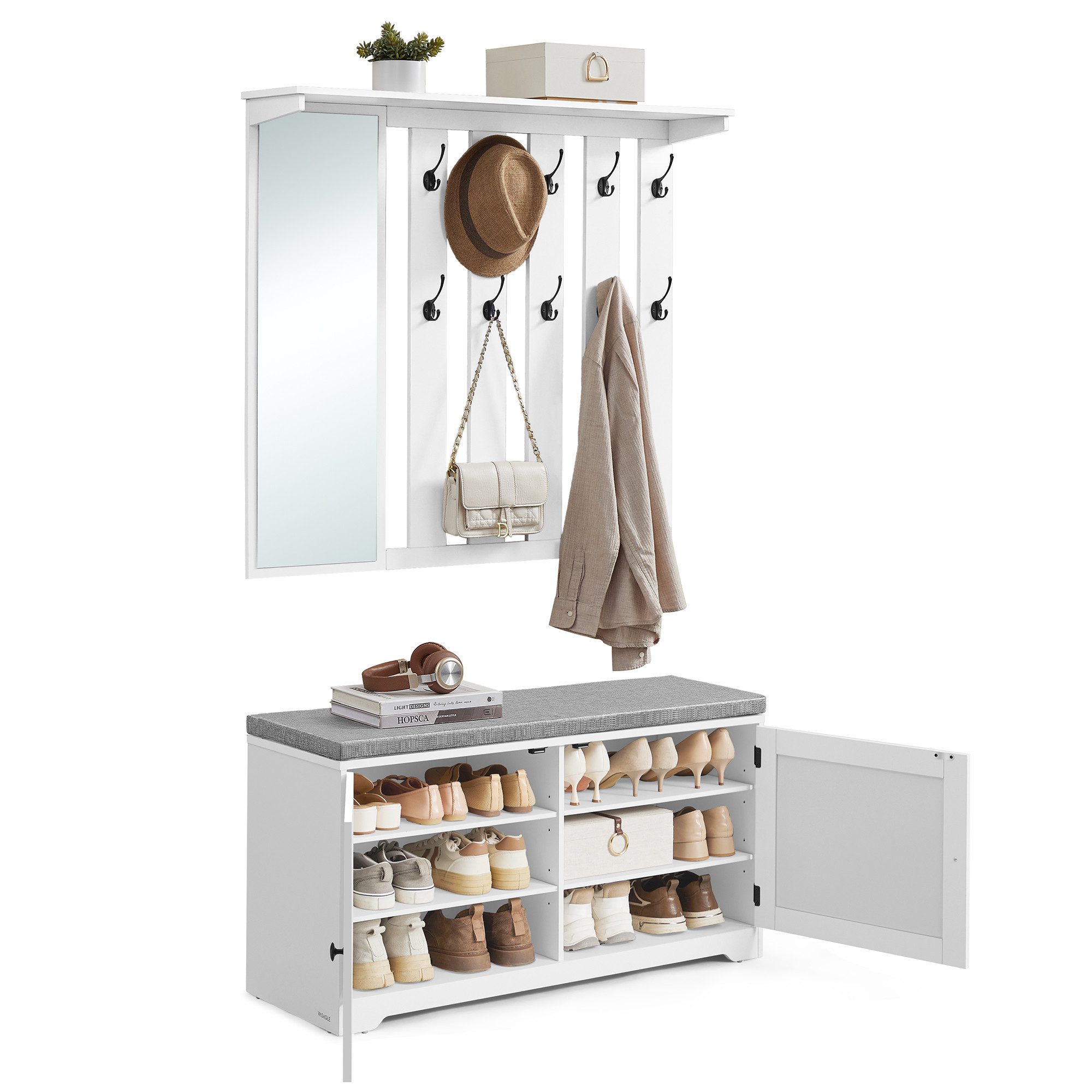 VASAGLE Schuhbank, Schuhbank Wandgarderobe Set, Garderobe mit Spiegel, 10 Doppelhaken