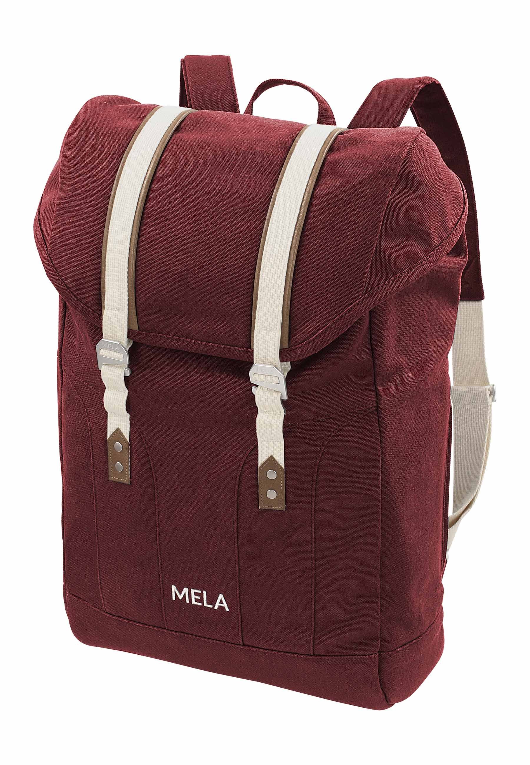 MELA Rucksack Rucksack MELA V, Laptopfach bis 15" - extra abgetrennt und gepolstert (Maße ca. 41cm x 29cm) & Seitlich verstecktes Reißverschlussfach für Kleinteile wie Schlüssel, Handy und Kosmetika burgunderrot