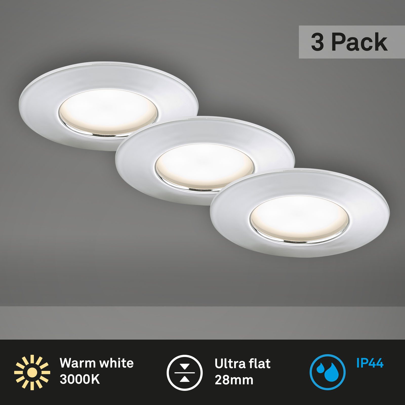 Briloner Leuchten LED Einbaustrahler Einbauleuchte Extra-Warmweiß 3er Set auch für Bad, LED fest integriert, 2700K - Extra - Warmweiß, Einbauleuchte 3er SET auch für Bad - IP44 Ø 7,5cm