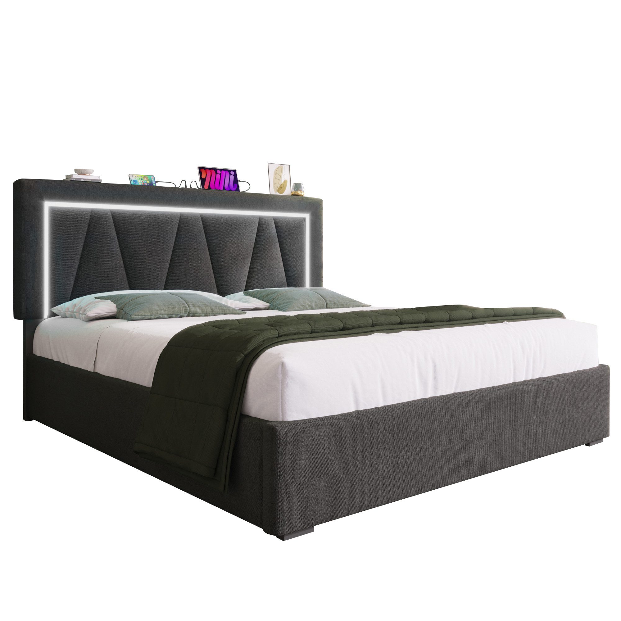 REDOM Polsterbett Doppelbett (140 x 200 cm Ohne Matratze), LED Doppelbett + USB/Typ-C Ladefunktion