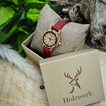Holzwerk Quarzuhr CLARA RED kleine Damen Holz & Leder Armband Uhr, dunkel rot, beige