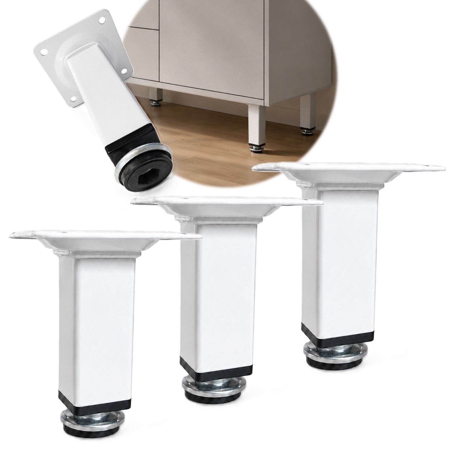 HOOZ Möbelfuß Metall Weiß 80mm höhenverstellbar 4er Set Vierkant 25x25mm, (Set, 4-St., 4er-Set Möbelbeine), Vierkantprofil 25 × 25 mm, höhenverstellbar bis 15 mm