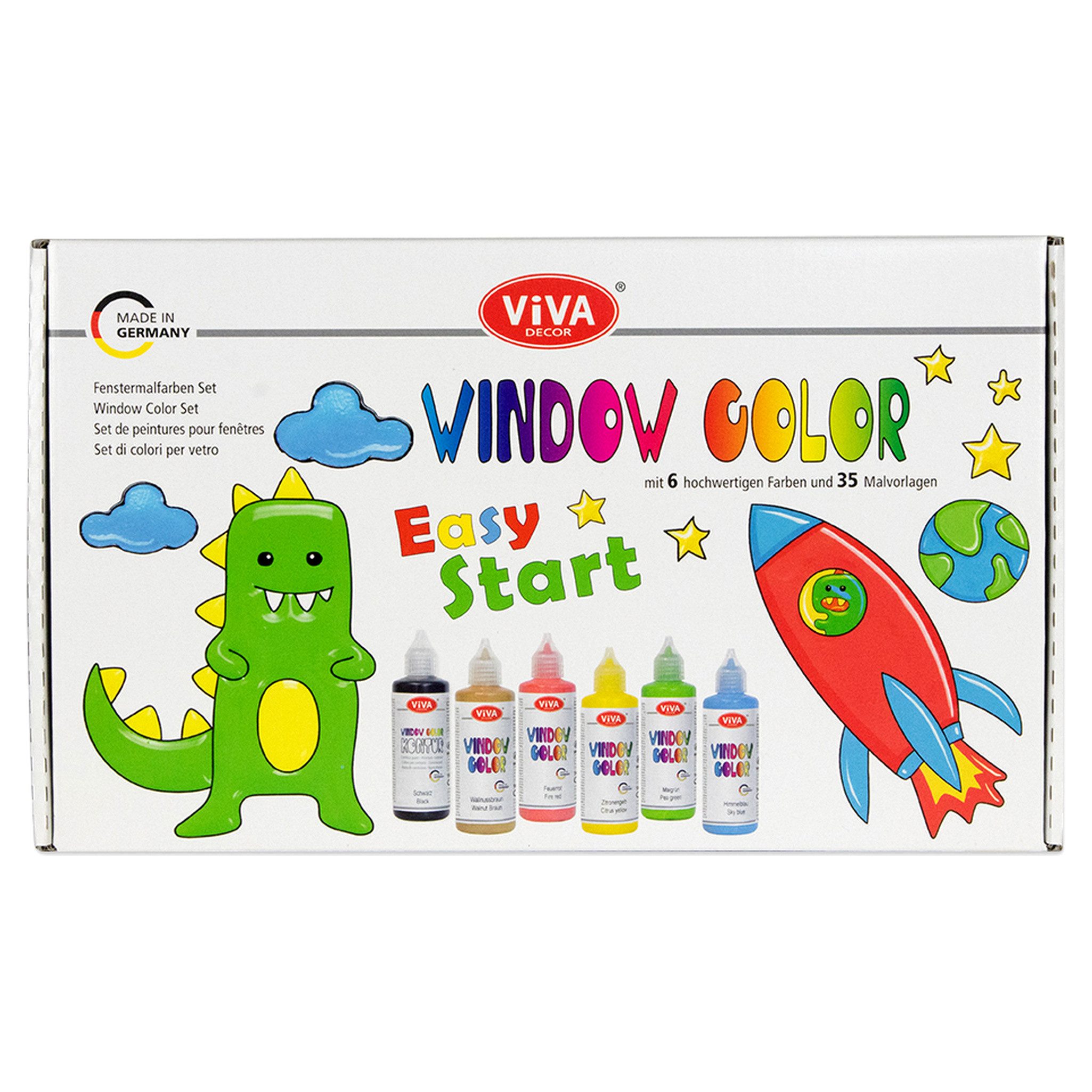 Viva Decor Bastelfarbe Window Color Set Easy Start 6 Farben mit Malfolie & 35 Vorlagen, Einsteigerset, wiederablösbar, Konturenfarbe & Vorlagenheft