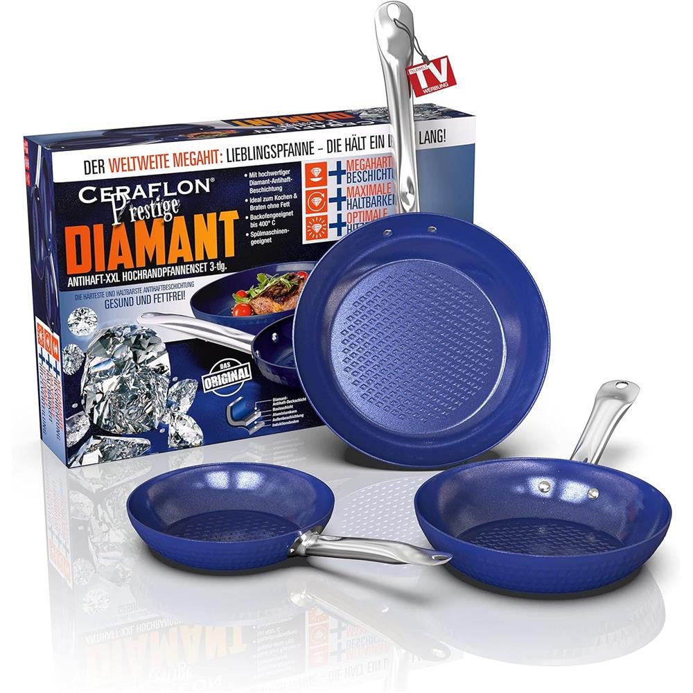 CERAFLON Pfannen-Set 3er Bratpfannen Set mit Diamant Beschichtung Größe ø20cm, 24cm & 28cm, (3-tlg), Diamantverstärkte Antihaftbeschichtung für fettarmes Kochen