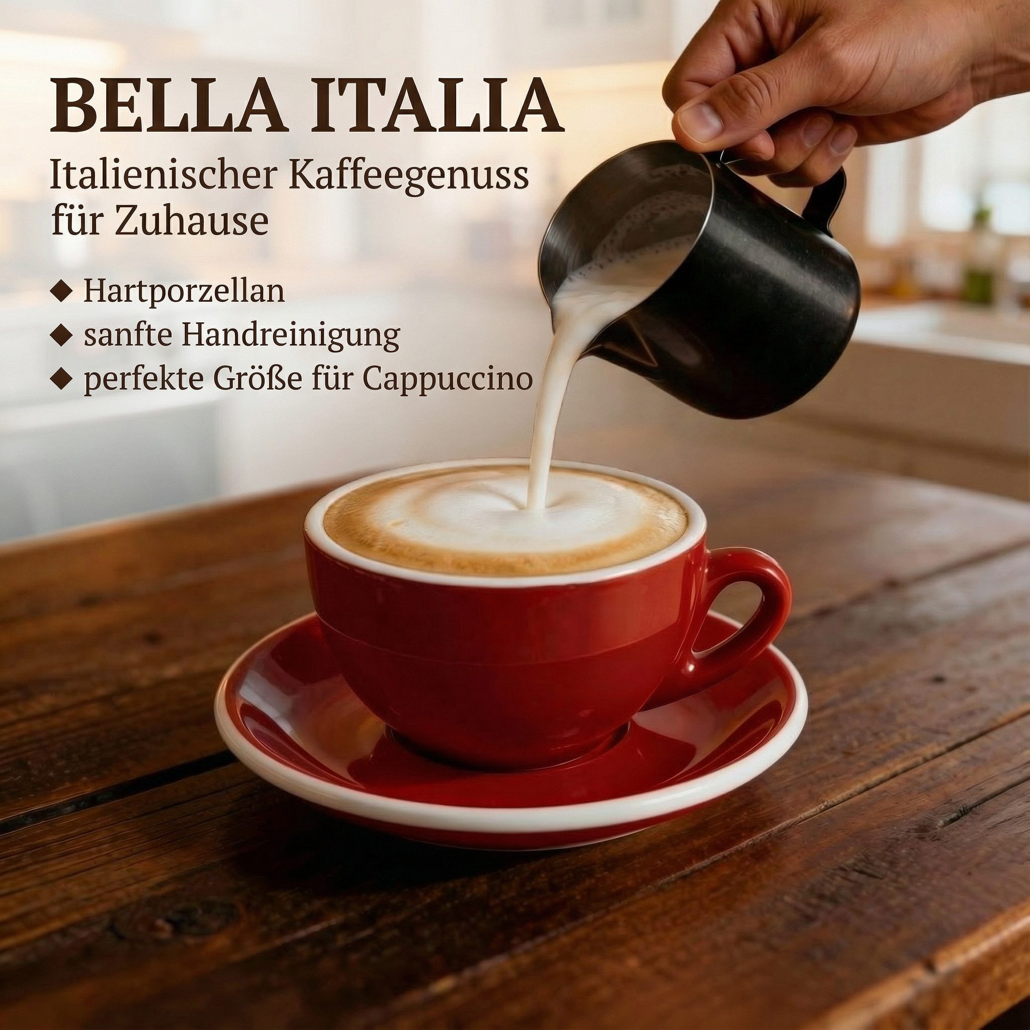 MUVELL Cappuccinotasse 6er Cappuccino-Set "ROM" inkl. Tasse 200ml + Untertasse, rot, 6-tlg., Keramik, 200 ml rot mit weißen Rand und Innenfläche