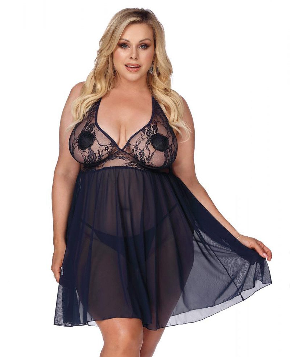 Negligé Schwarzes Damen Dessous Plus Size Babydoll aus Chiffon und Spitze tran