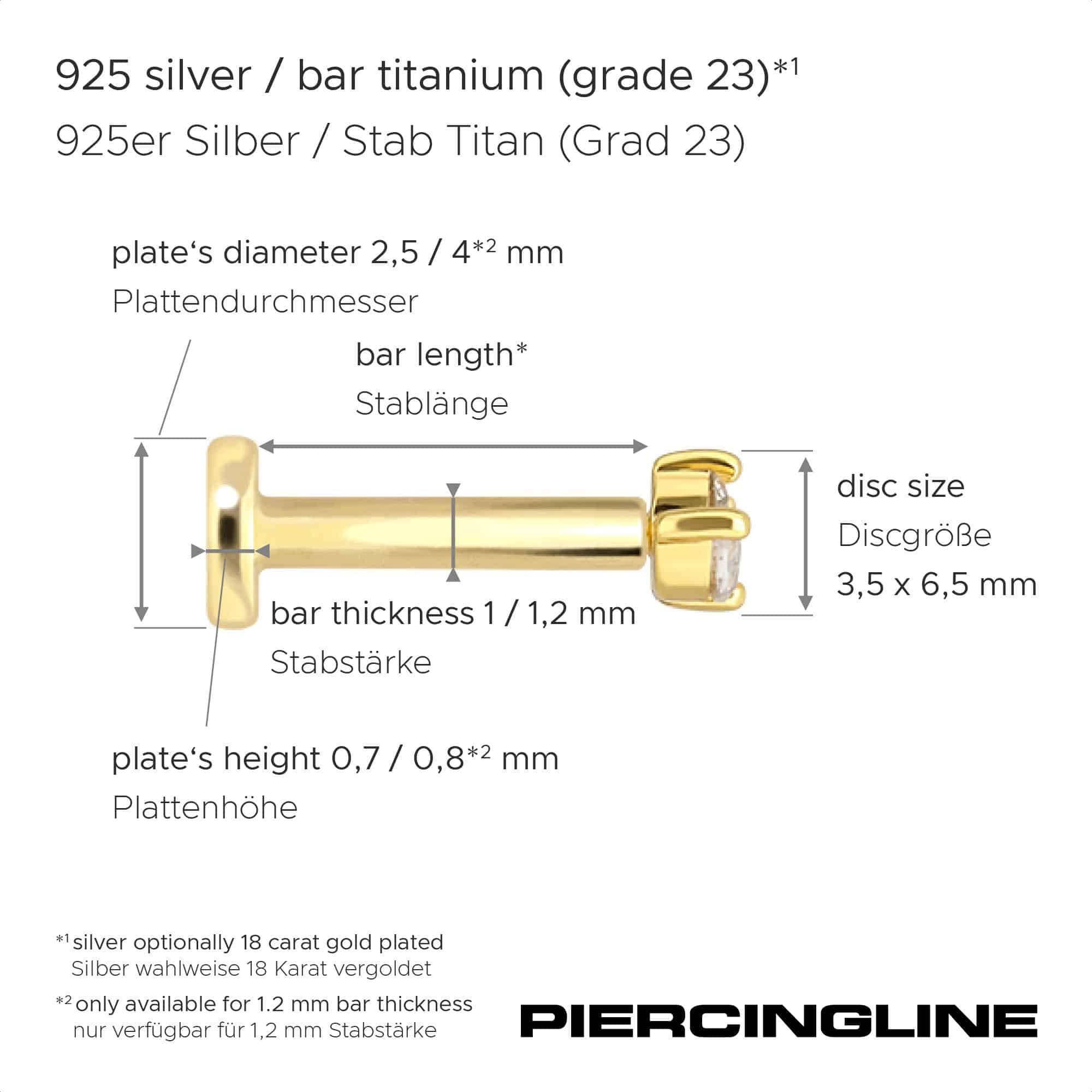 PIERCINGLINE Piercing-Set Titan Labret mit Innengewinde + 925er Silber Aufsatz (Labrets, 1-tlg)