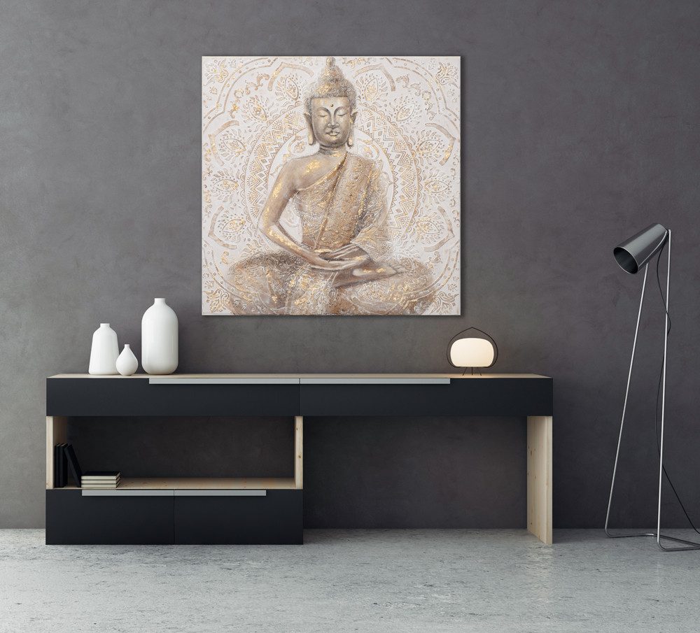 ArtUniverse Gemälde Leinwandbild Goldener Buddha 100 x 100 cm, Goldener Buddha 100x100 cm