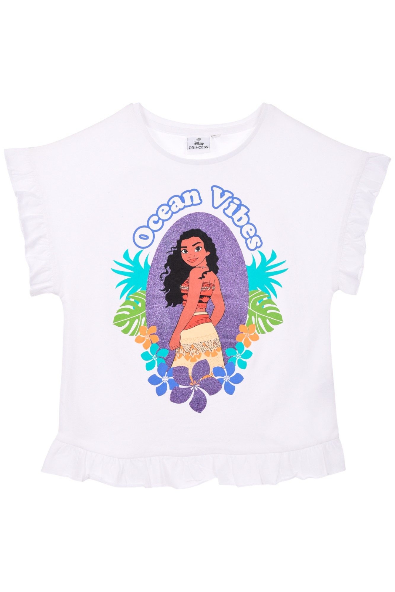 Disney T-Shirt Vaiana - Ocean Vibes Mädchen Jersey Kurzarmshirt mit Glitzer & Rüschen Gr. 98 - 128 cm