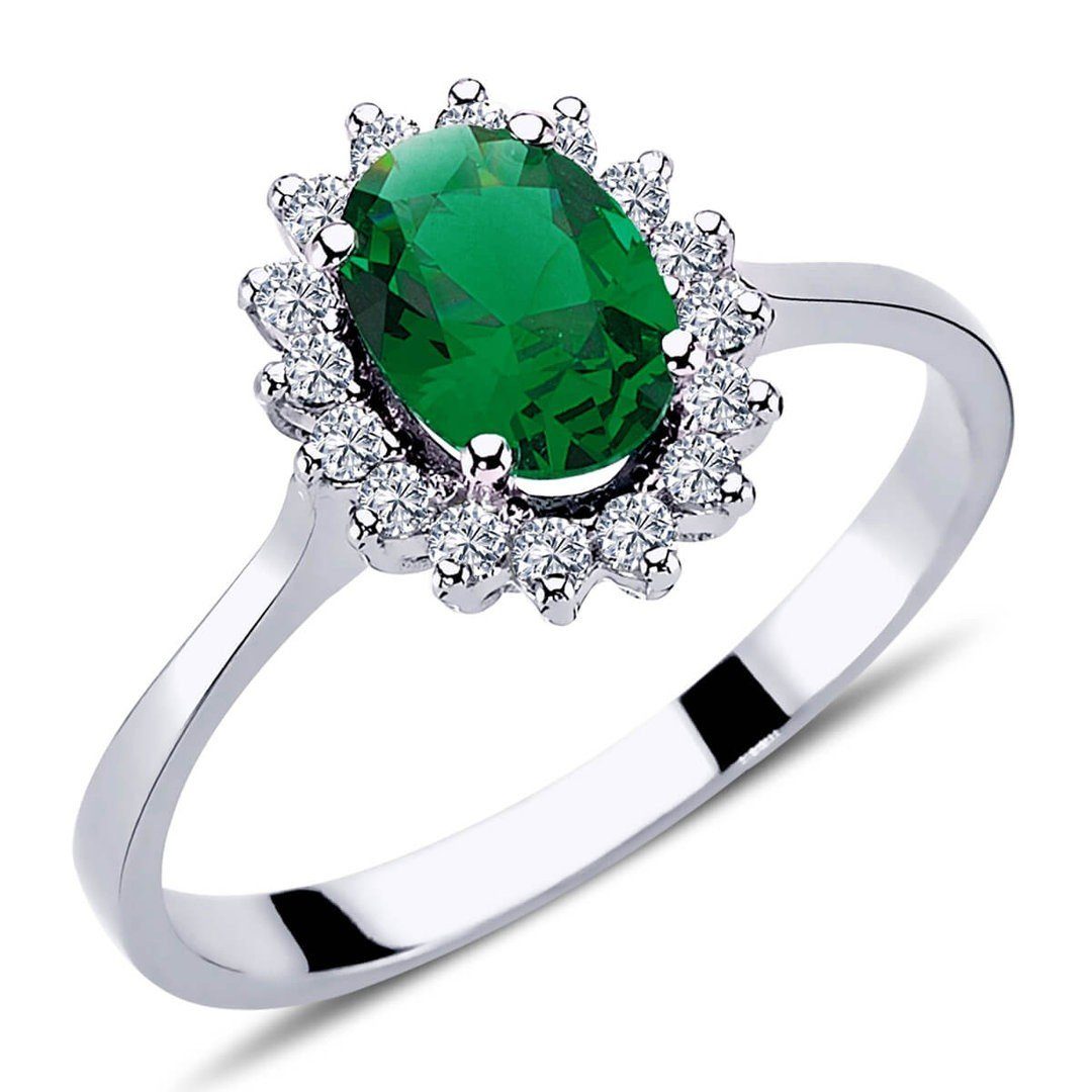 EinStein Diamant Diamantring Diamant Oval Smaragd Entourage Ring 14 Karat Weißgold, Rubin, Diamantring, Damenring, Unbehandelter Diamant, Brillant-Schliff