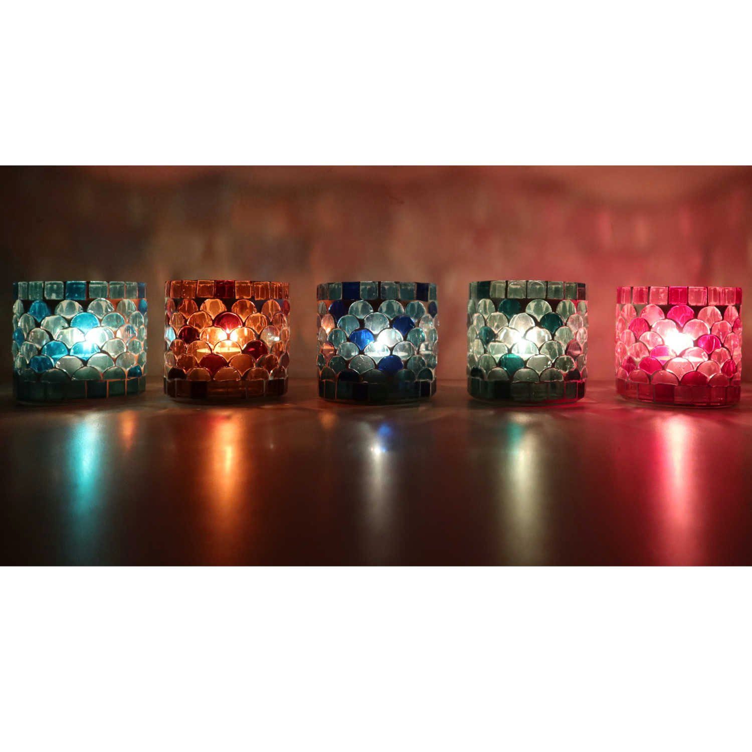 Casa Moro Windlicht Orientalisches Mosaik Glas-Windlicht Athen S 5er Set Ø 8cm in 5 Farben (Weihnachten Teelichthalter Boho Chic Kerzenständer Kerzenhalter, Windlicht 5er Set in den Farben Blau, Grün, Rot, Gelb, Dunkelblau), marokkanische Kerzenleuchter wie aus 1001 Nacht, WZ777-S