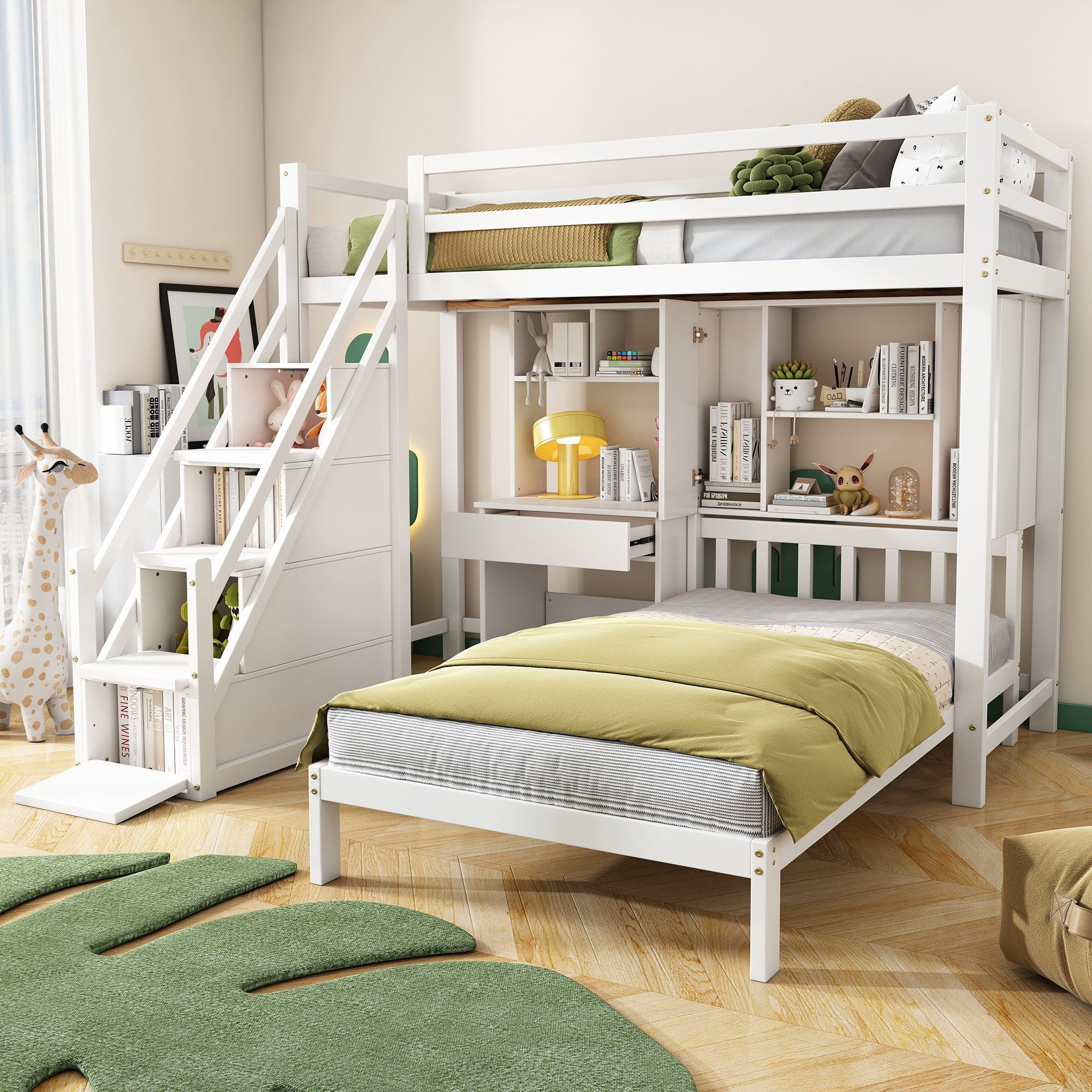 mit und Schreibtisch Treppe 90x200cm Kiefernholz Kinderbett Flieks Etagenbett,