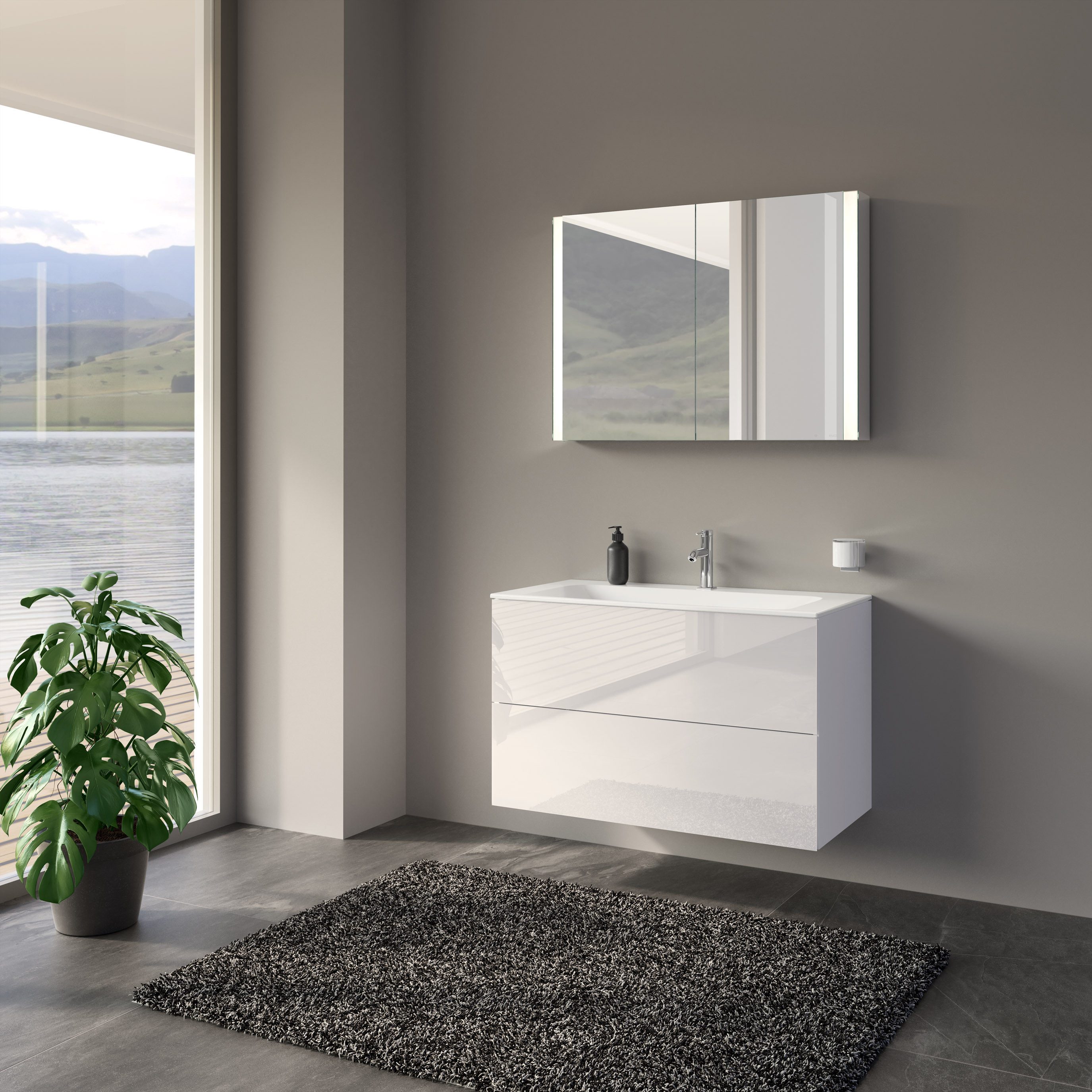 Keuco Badmöbel-Set LUCA, (Set, 3 teilig, Badmöbel-Set mit Spiegelschrank, Waschtisch und Unterschrank), Waschtischunterbau (2 Auszüge), Waschtisch, LED-Spiegelschrank, 100 cm