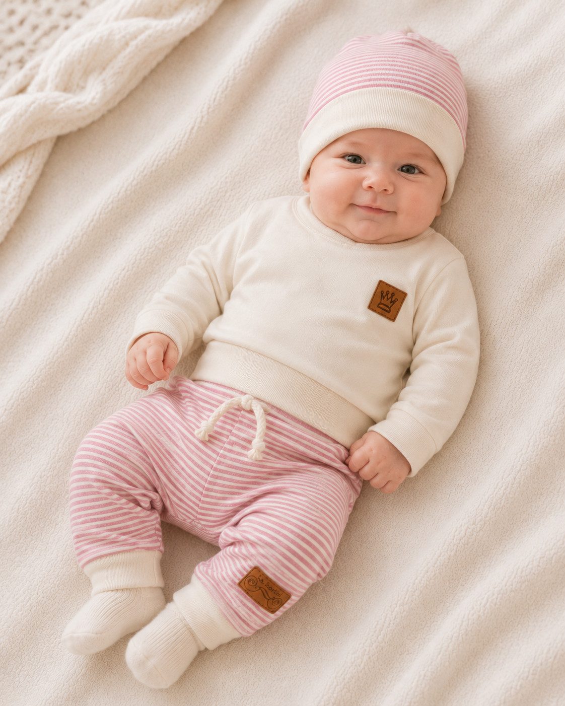 La Bortini Erstausstattungspaket Baby Anzug Langarmshirt Hose Mütze Socken neutral in braun (4-teilig, weich, für Jungen und Mädchen, Erstlingsset für Neugeborene, Shirt, Mitwachshose, Haube, Strümpfe) unisex, gestreift, 44 50 56 62 68 74 80