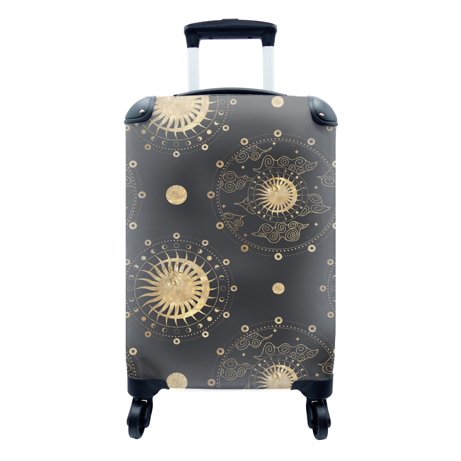 MuchoWow Handgepäckkoffer Muster - Sonne - Mond - Gold, 4 Rollen, Reisetasche mit rollen, Handgepäck für Ferien, Trolley, Reisekoffer | Handgepäck-Koffer