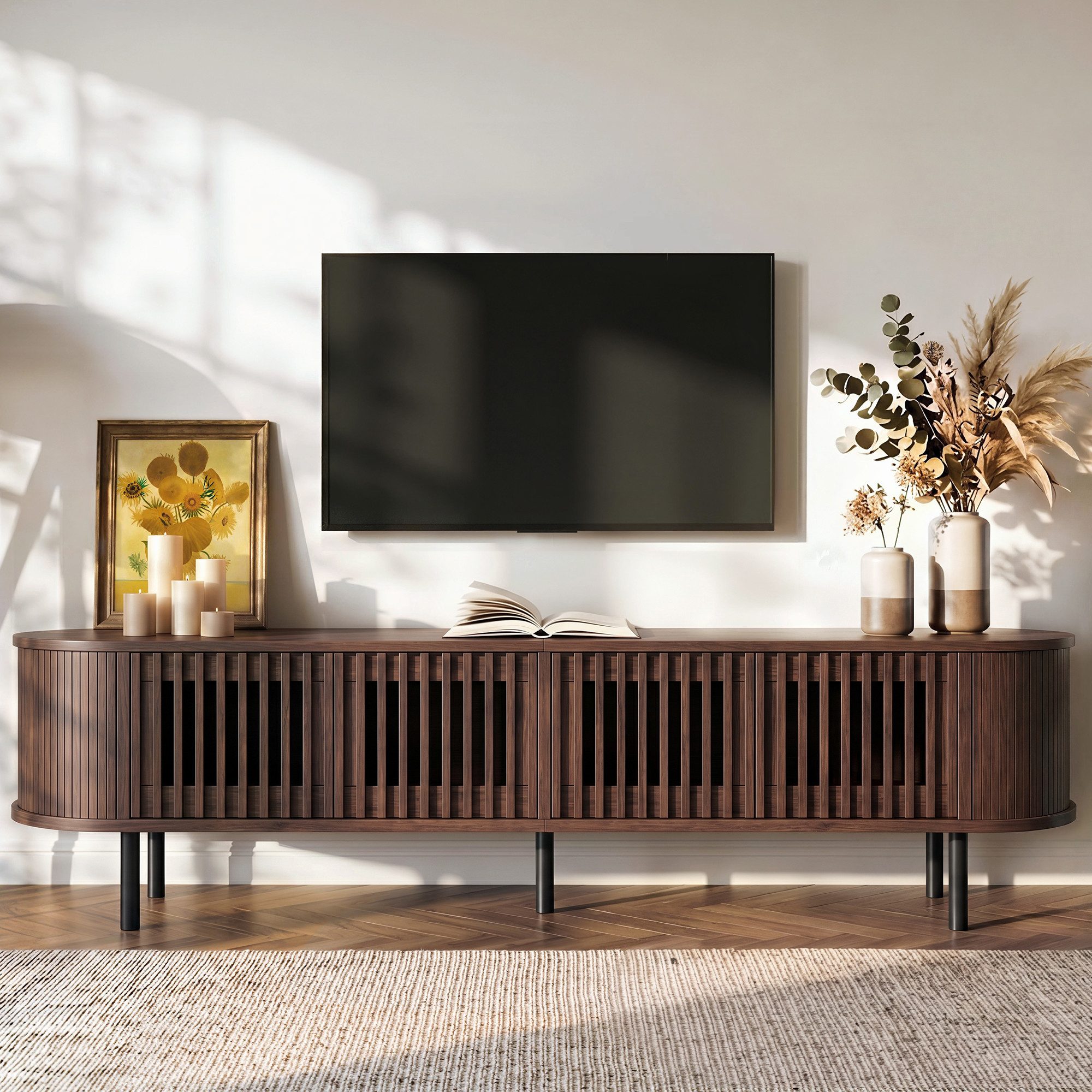 Merax Lowboard in Walnussholzoptik, Fernsehtisch mit Kabelmanagement (178 × 39,5 × 49,5 cm, 1 St), TV Schrank mit 4 Türen mit Lamellen-Design, Metallbeine & Stauraum