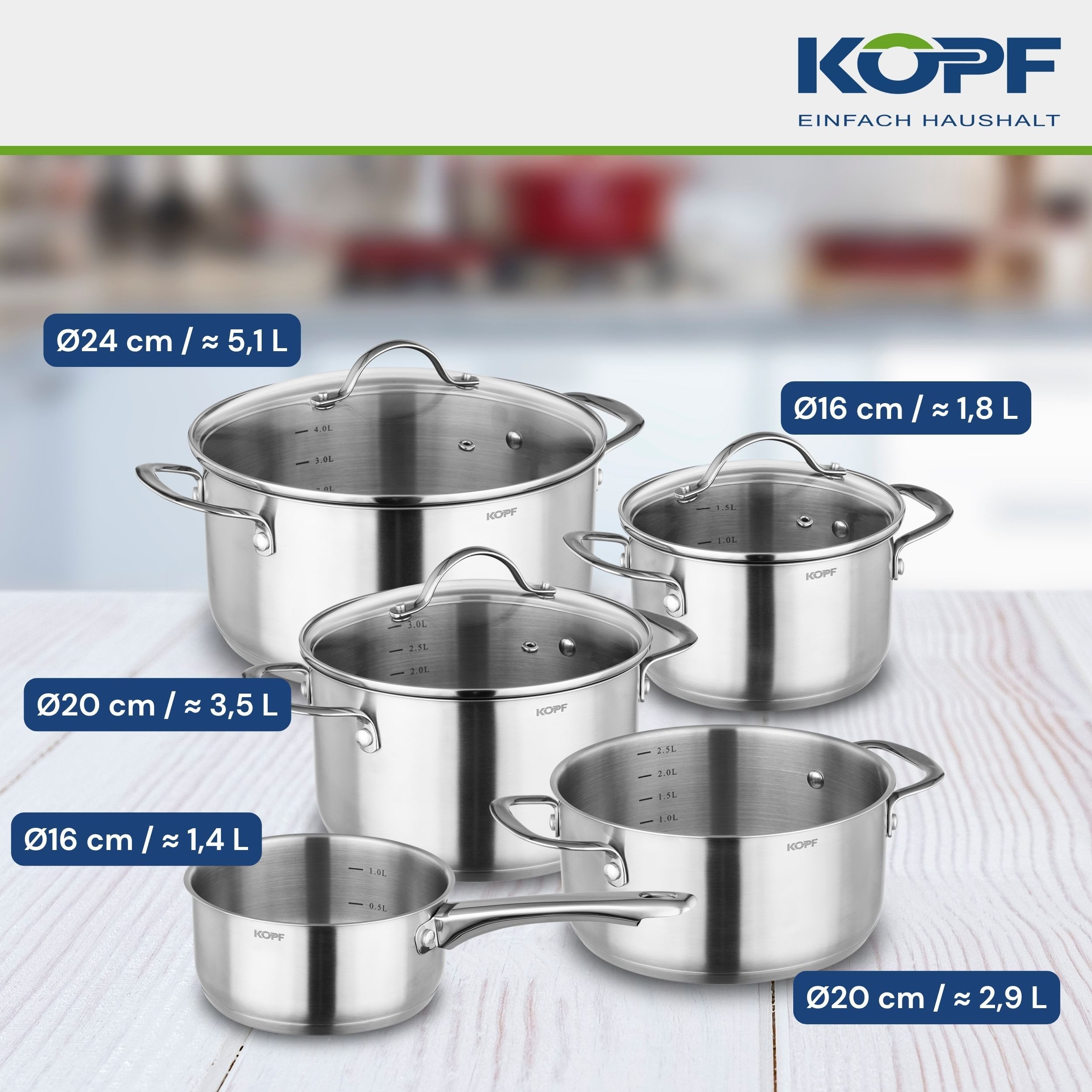 Kopf Topf-Set Clara, Edelstahl (Set, 8-tlg., 4 Kochtöpfe (16,20,20,24cm), 1 Stielkasserolle (16cm), 3 Glasdeckel), Kochtopfset, Töpfe Induktion, Spülmaschinengeeignet, Backofenfest