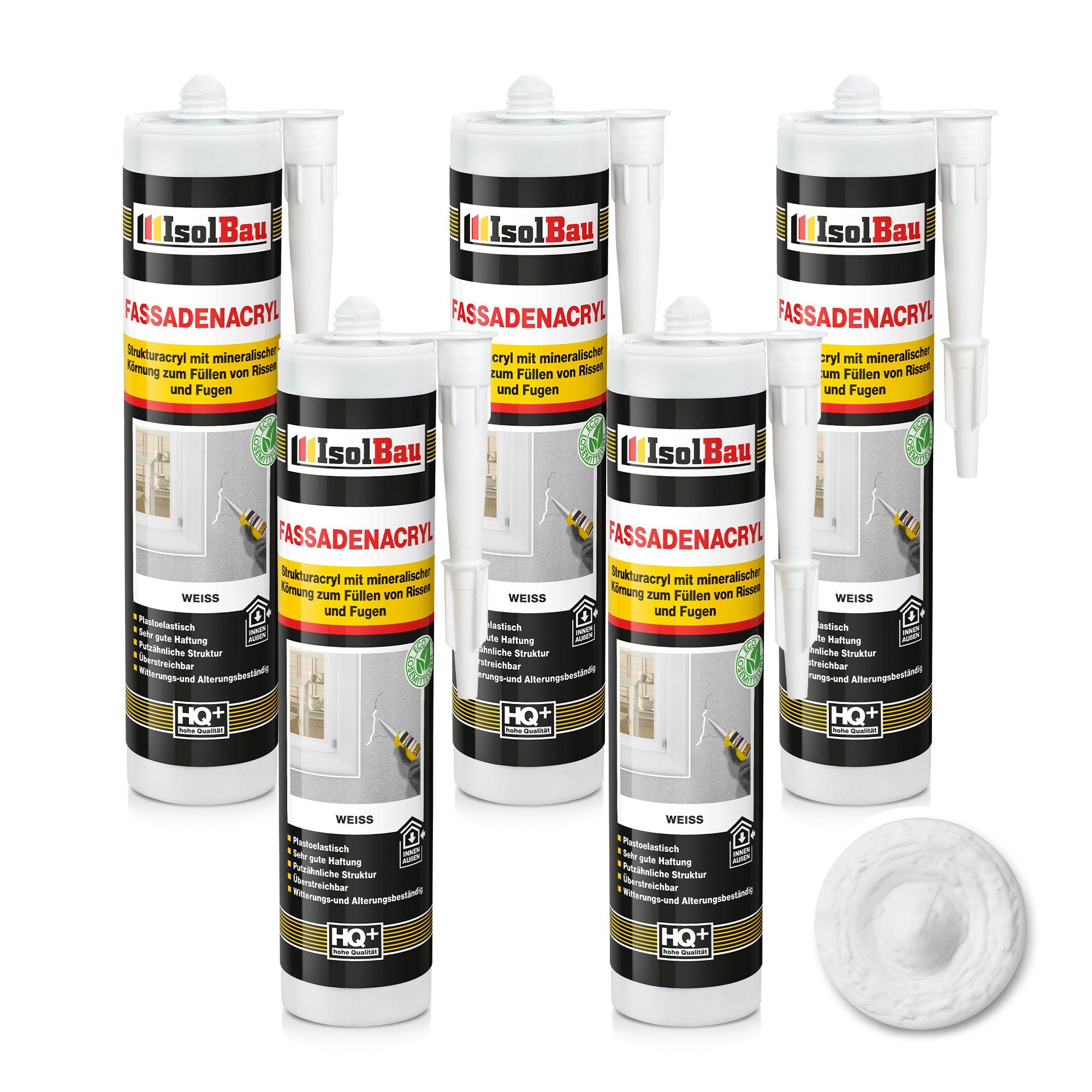 None Spachtelmasse Fassadenacryl Strukturacryl Weiss 5 x 300ml Füllen von Rissen & Fugen, Putz, Beton, Gasbeton, Gipskarton, Faserzement, Stein und Holz