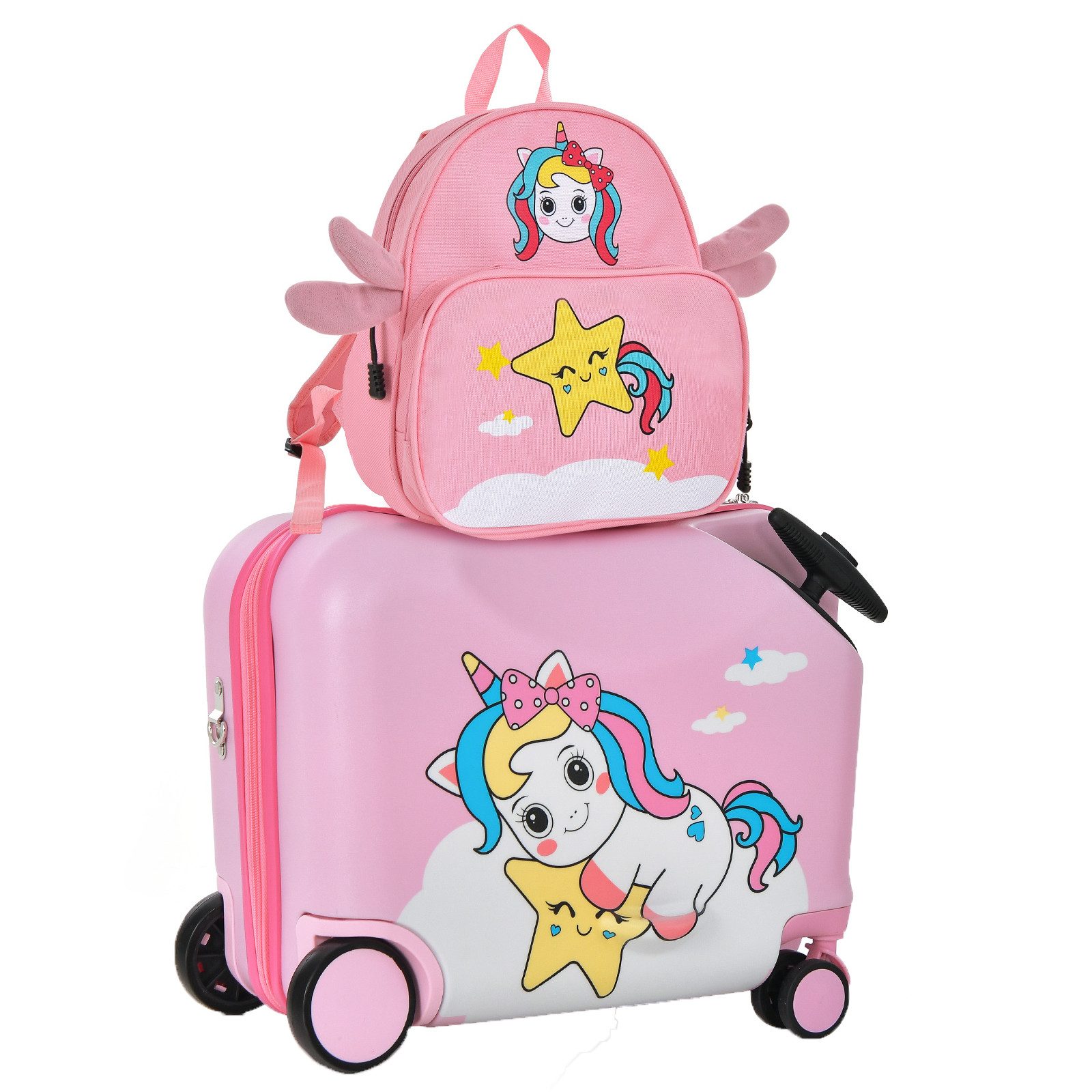 COSTWAY Kinderkoffer 12"+18" Kindertrolley, zum sitzen, mit 4 Rollen & Rucksack