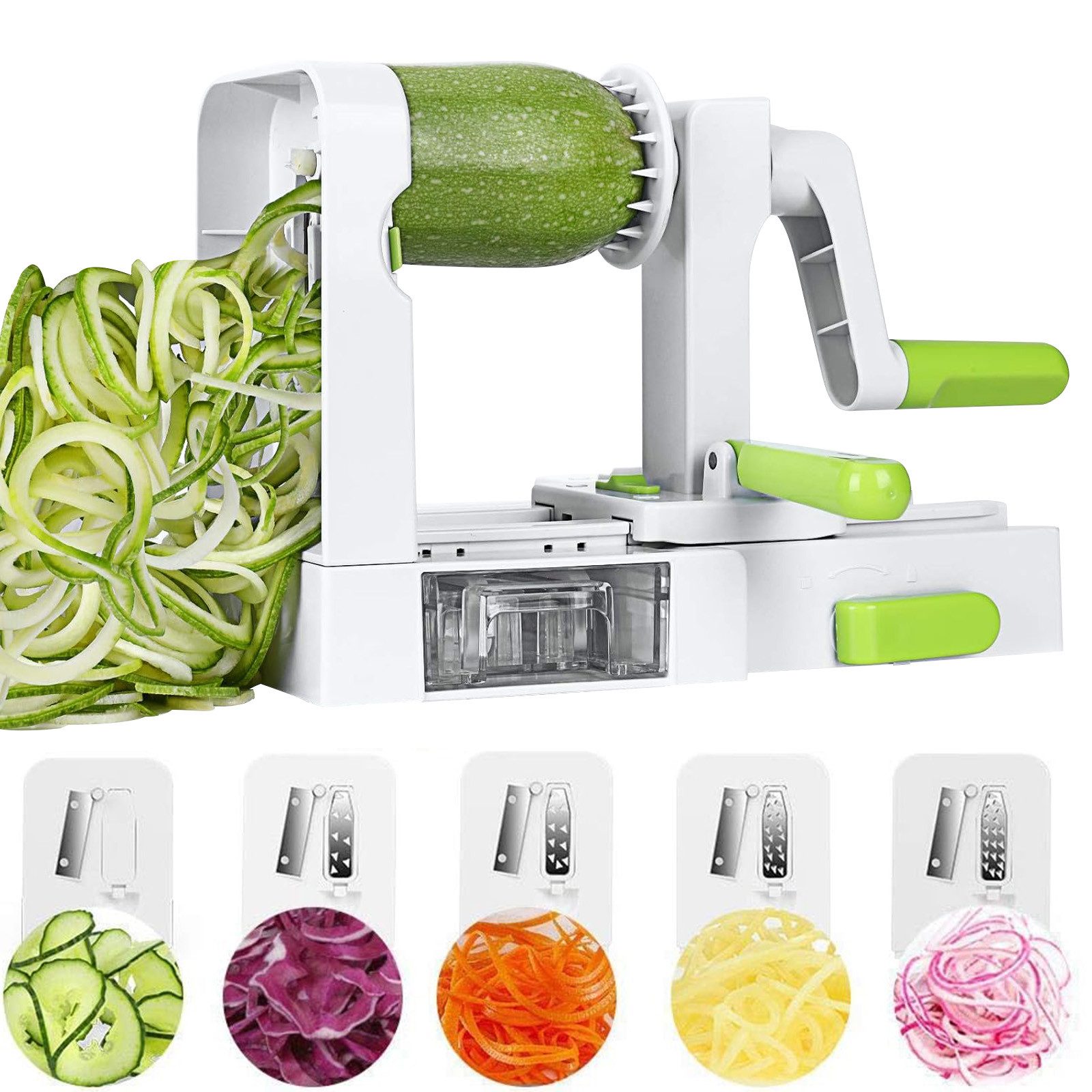 MOPUEA Gemüseschneider Gemüsehobel, Obst- und Gemüsereibe, Multifunktionsreibe mit 5 Klingen, 5 in 1 Käsereibe mit Griff, klappbare Käse- und Gemüseschneider-Reibe