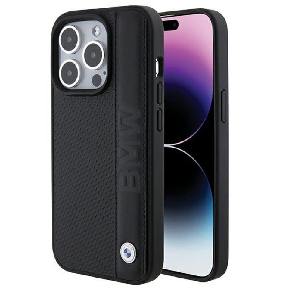 BMW Handyhülle Case iPhone 15 Pro Echtleder geprägt schwarz Logo Metall 6,1 Zoll, Kantenschutz