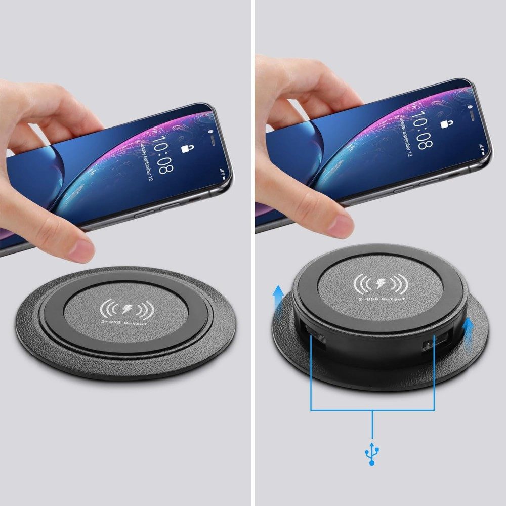 PRIISF Versenkbare Einbausteckdose Mehrfachsteckdose 3in1 Kabellose Ladegerät Einbau-Tischsteckdose 2-fach (USB-Anschluss, USB-Anschlüsse, Überspannung, Überhitzung, Überstrom, Kurzschluss, Kabellänge 1,4 m), USB Büro Unterbau Induktive Ladestation Einbau-Tischsteckdosenleiste