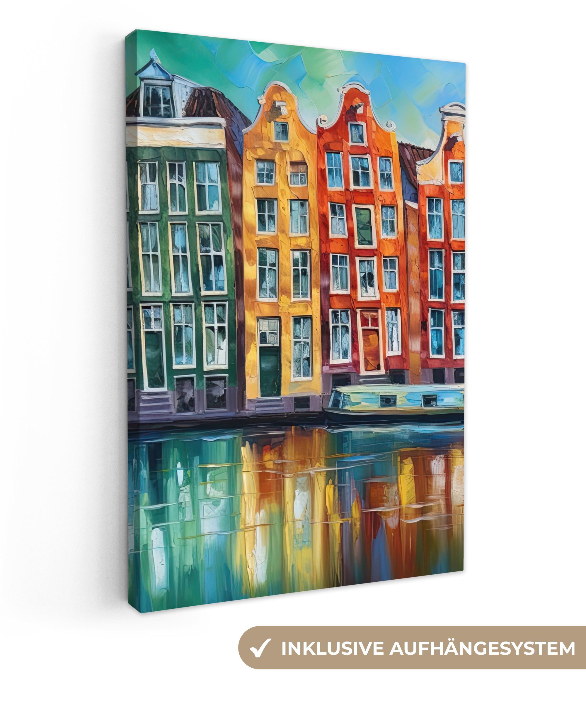 OneMillionCanvasses® Leinwandbild Amsterdam - Ölfarbenoptik - Gracht - Kunstdrucke - Kunst, Fotodruck (1 St), Leinwand Canvas Wandbild, Wanddekoration 20x30 cm