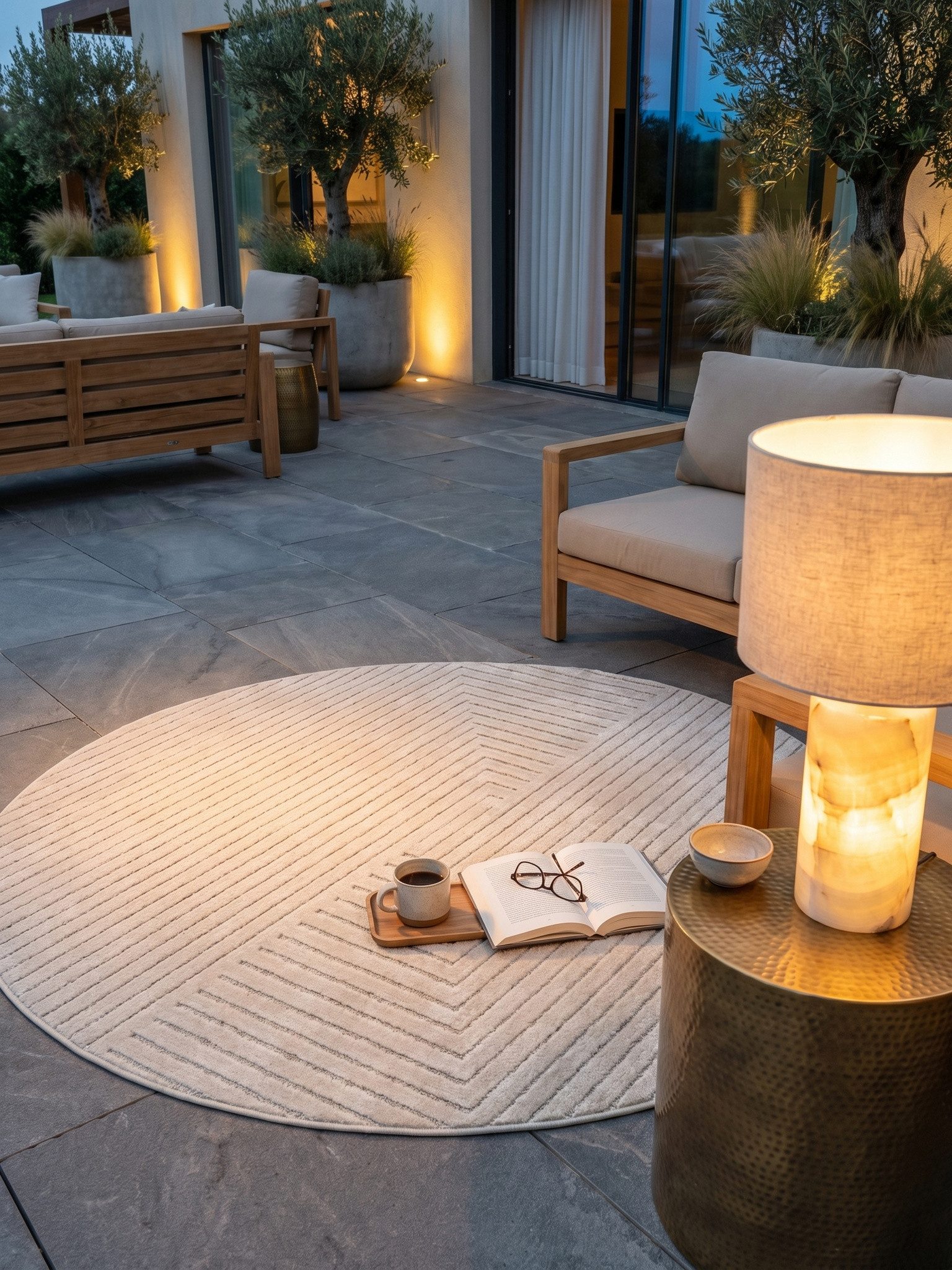 KADIMA DESIGN Teppich ENGADIN Wetterfest UV-Beständig Balkon Waschbar Strapazierfähig, Rund, Höhe: 7 mm, Creme, 80x80 cm, Outdoor Kurzflorteppich Terrasse Wohnzimmerteppich