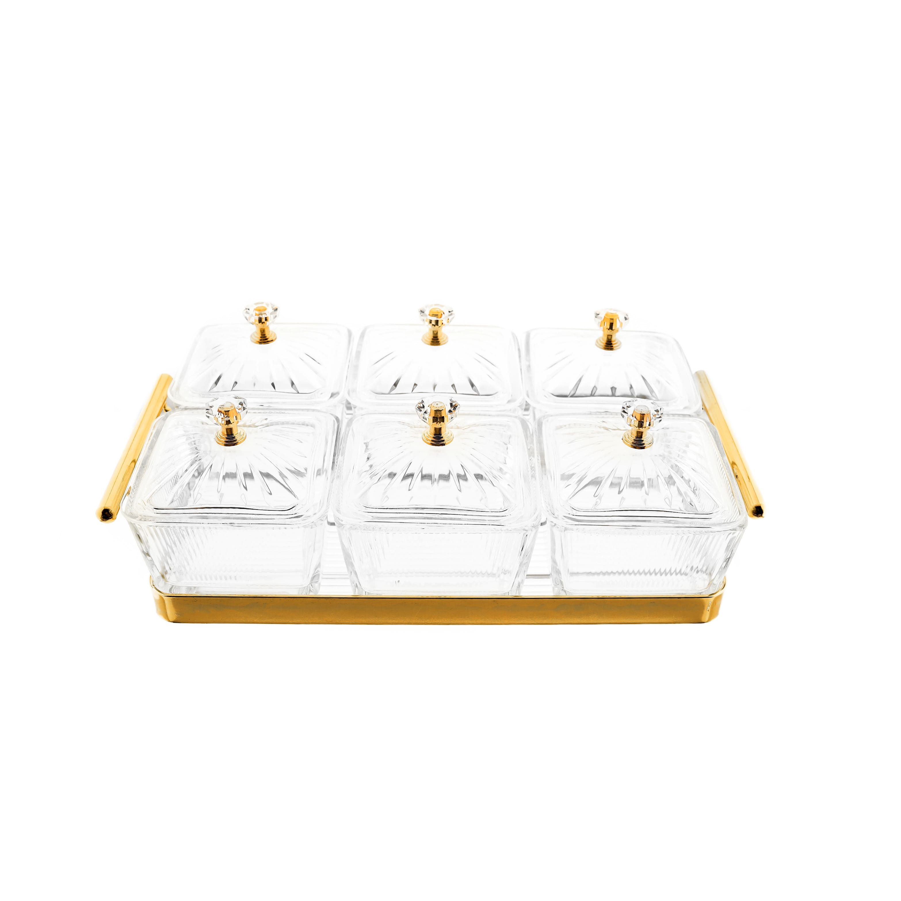 Snackschale 13-tlg. Set aus Glas mit goldenem Serviertablett & Knaufdeckel