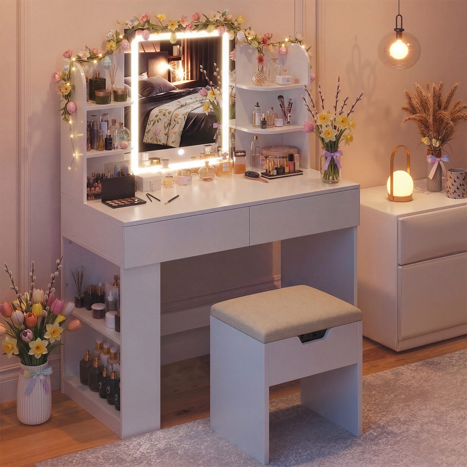 HOMALL Schminktisch mit Spiegel, LED-Beleuchtung, einstellbare Helligkeit, ostern (Länge × Breite × Höhe) 90/110 × 40 × 135 cm, 8 offene Fächer (2 seitliche Fächer sind nach links und rechts verschiebbar), 2 große Schubladen – Ostergeschenk)