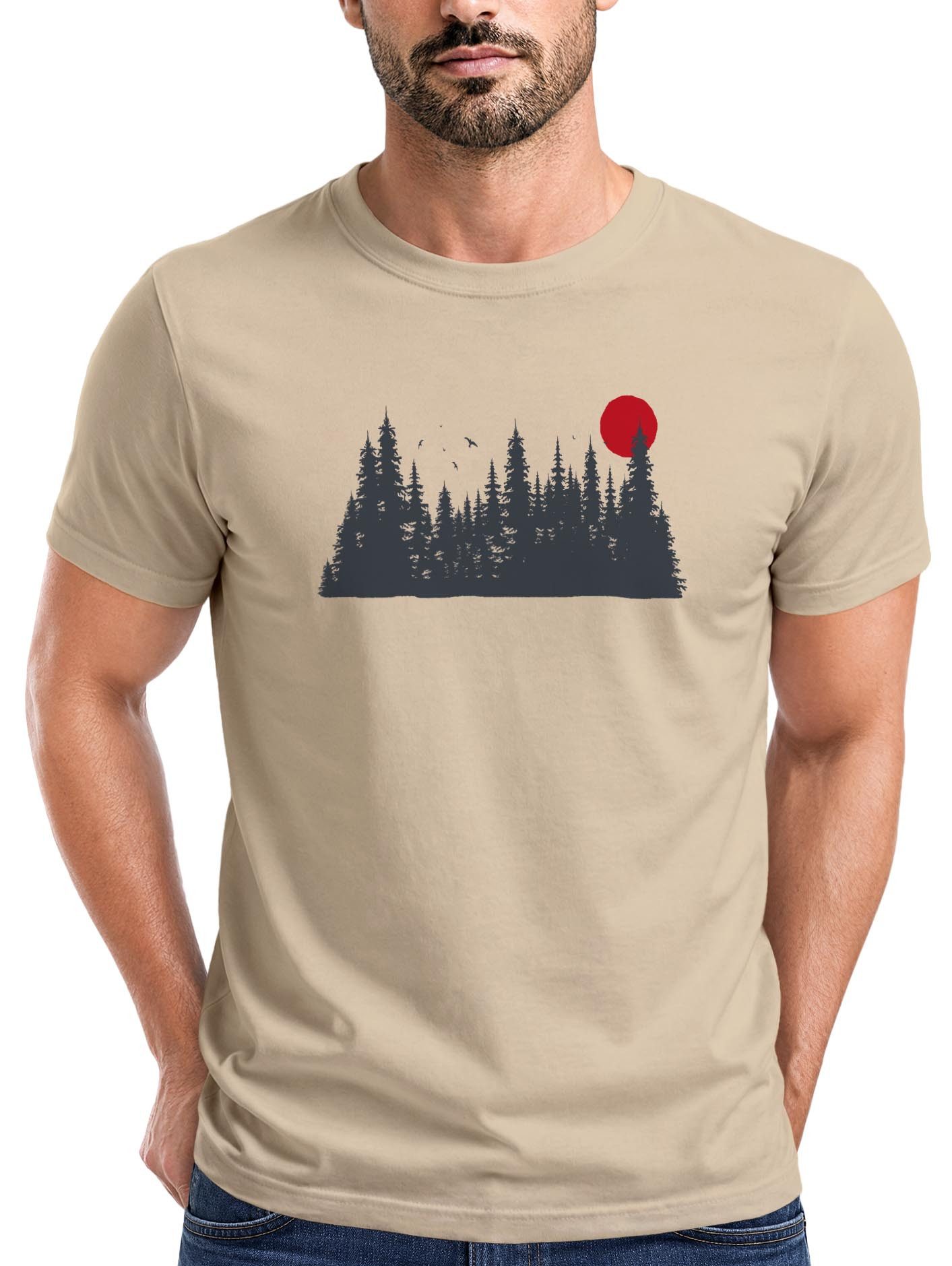 Print-Shirt Herren T-Shirt Motivshirt Frontprint Wald Silhouette Natur Aufdruck