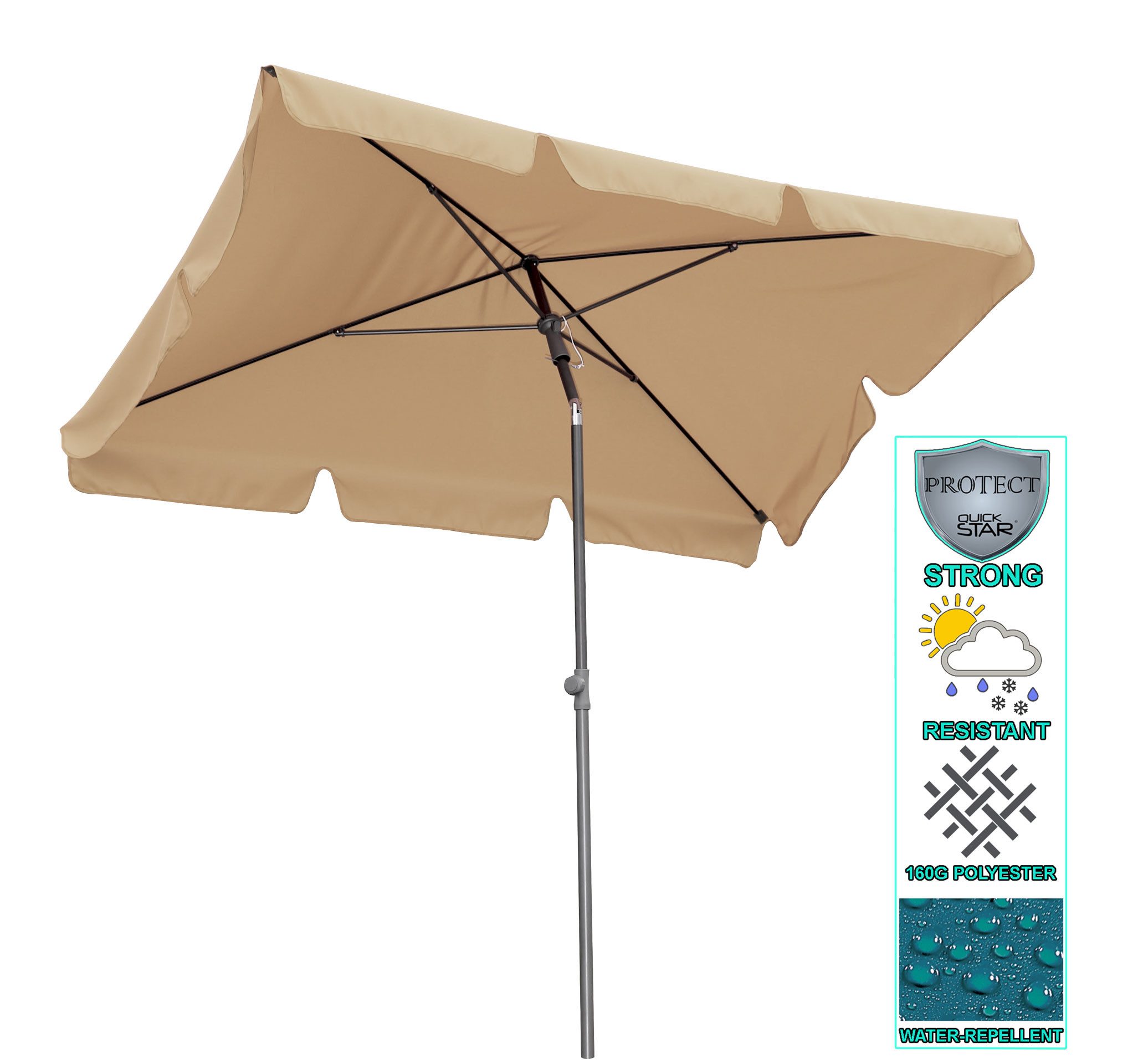 Quick Star Sonnenschirm Sonnenschirm 2x1,25m Rechteckig Sand, LxB: 125x200 cm, Abknickbar, Drehbar, Höhenverstellbar