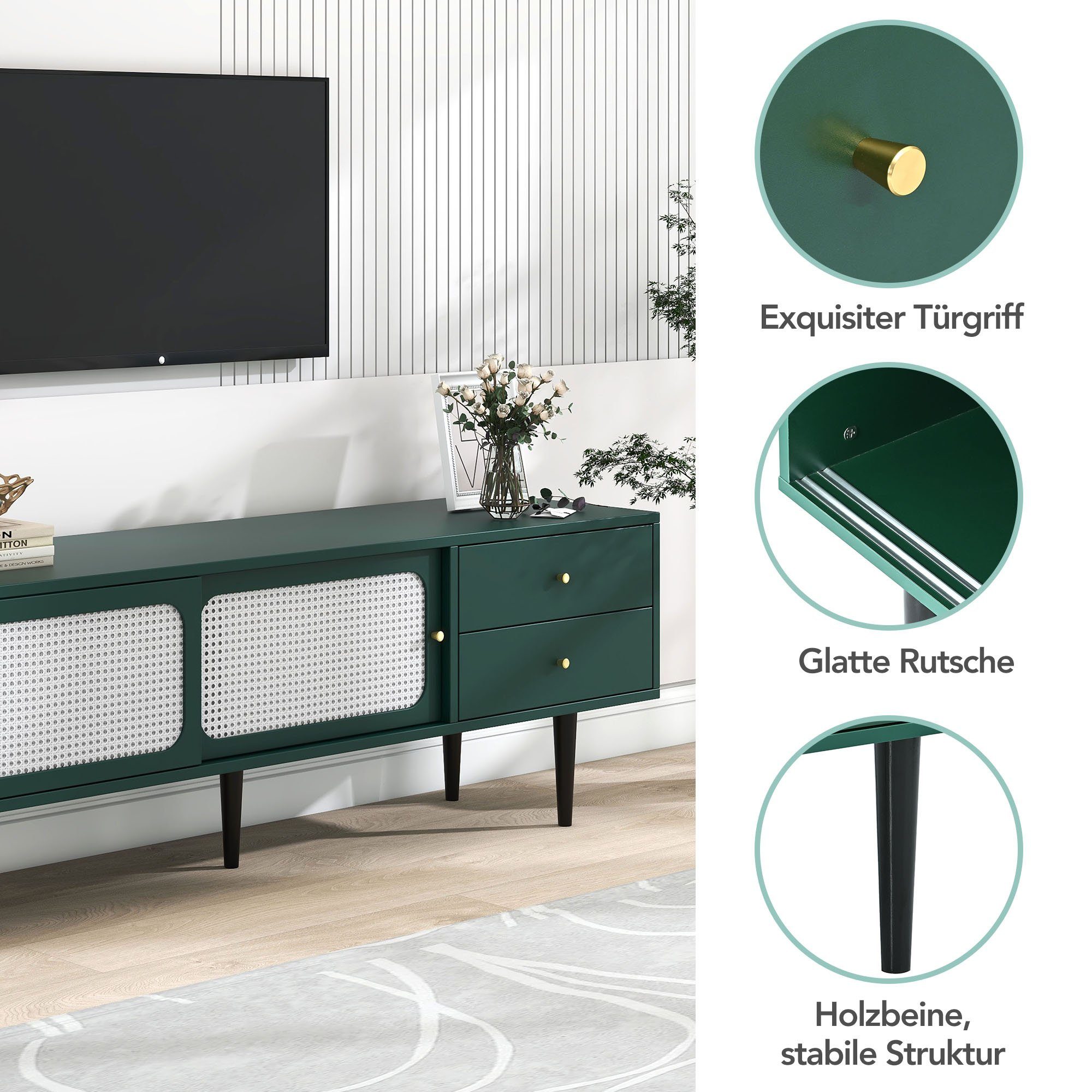(Verstellbarer webendes geräumige grün Schubladen TV-Ständer, TV-Ständer Design) Schubladen Rattan-Schiebetüren mit EXTSUD elegantes Stilvoller und Lagerraum