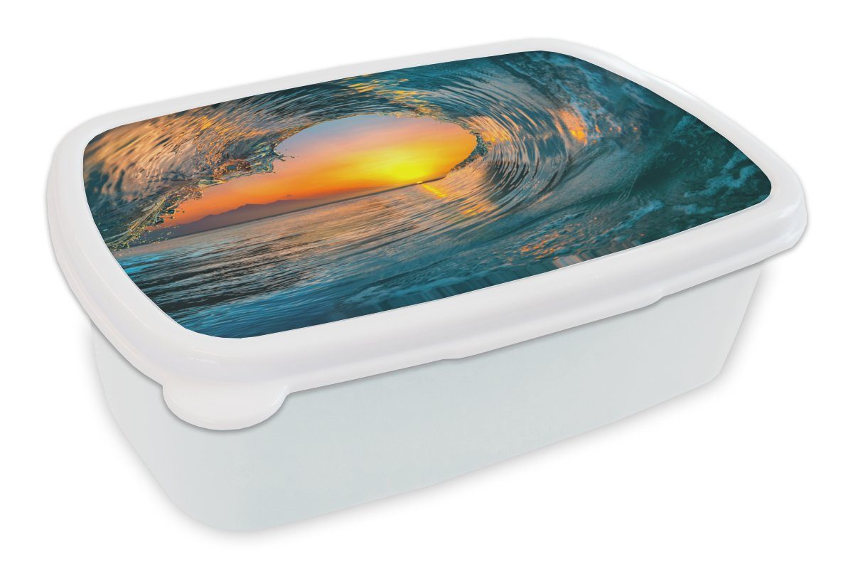 MuchoWow Lunchbox Sonnenuntergang - Wasser - Welle - Orange, Kunststoff, (2-tlg), Brotbox für Kinder und Erwachsene, Brotdose, für Jungs und Mädchen weiß